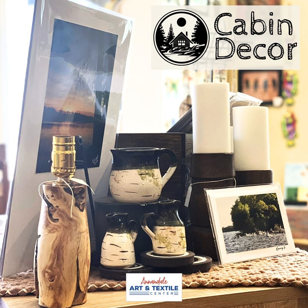 More cabin decor ideas to be found at Annandale Art &amp; Textile Center! Turned wood lamps, birch pottery mugs ( @kilnsofflanders ) and photos from ( @madcap__rambler ) and of course weavings from the Heart of the Lakes Weavers!

Weavers are on-site
