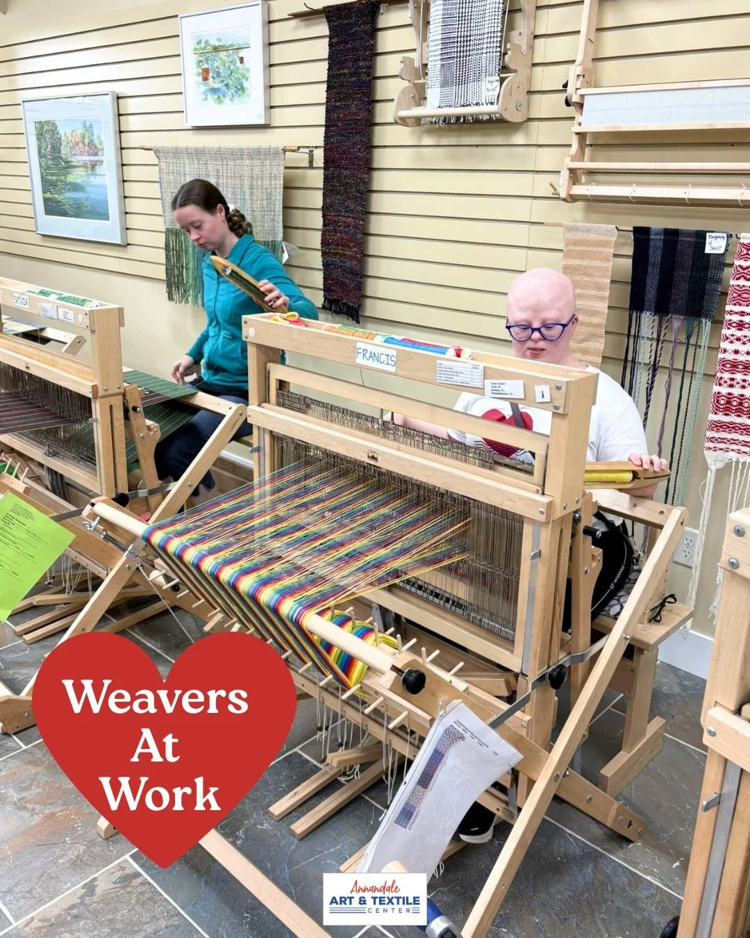 Heart of the Lakes Weavers Abby and Mary Grace hard at work creating gorgeous textiles.

Weavers are on-site Tues-Fri from 10A-1P. Stop in and visit and check out what is on their looms. Experience the joy of AATC for yourself.

Plan a visit to downt