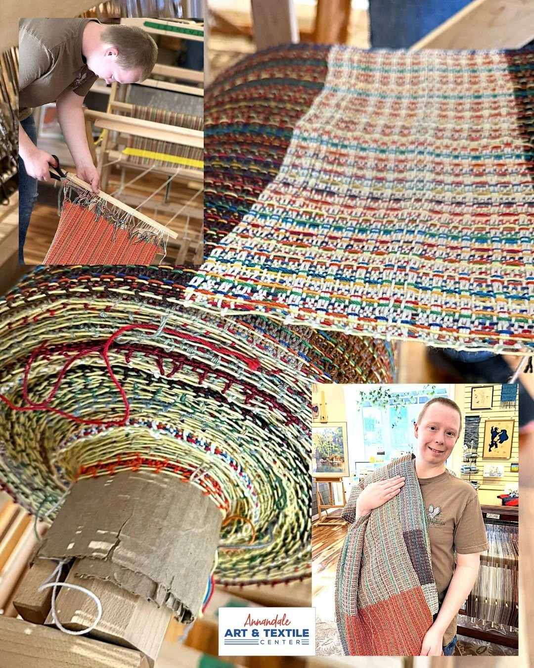 Heart of the Lakes Weaver Devin recently celebrated the cut off of yards and yards of fabric that will soon be dishcloths in our retail gallery.

Shop local this Holiday season!

Our current hours are:
Tues-Fri 10A-4P
Sat 10A-1P
Closed Sunday and Mon