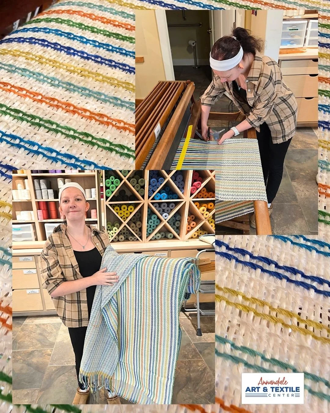 Gorgeous rainbow colors coming off of Heart of the Lakes Weaver Emily's loom - just perfect for your spring decorating and entertaining! Keep an eye out in our retail gallery for the towels, placemats and table runners that this beautiful fabric will