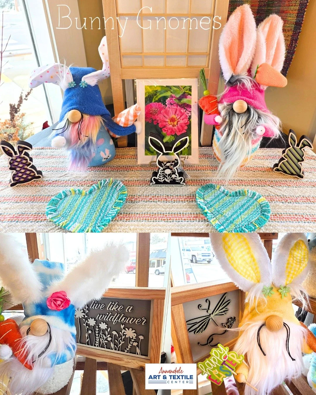 Adorable bunny gnomes, wood laser cut rabbits, spring laser cut signs and of course, gorgeous woven linens in beautiful springy colors.

Our spring hours are:
Tues-Fri 10A-4P
Sat 10A-1P
Closed Sunday and Monday

Weavers are on-site Tues-Fri 10A-1P.

