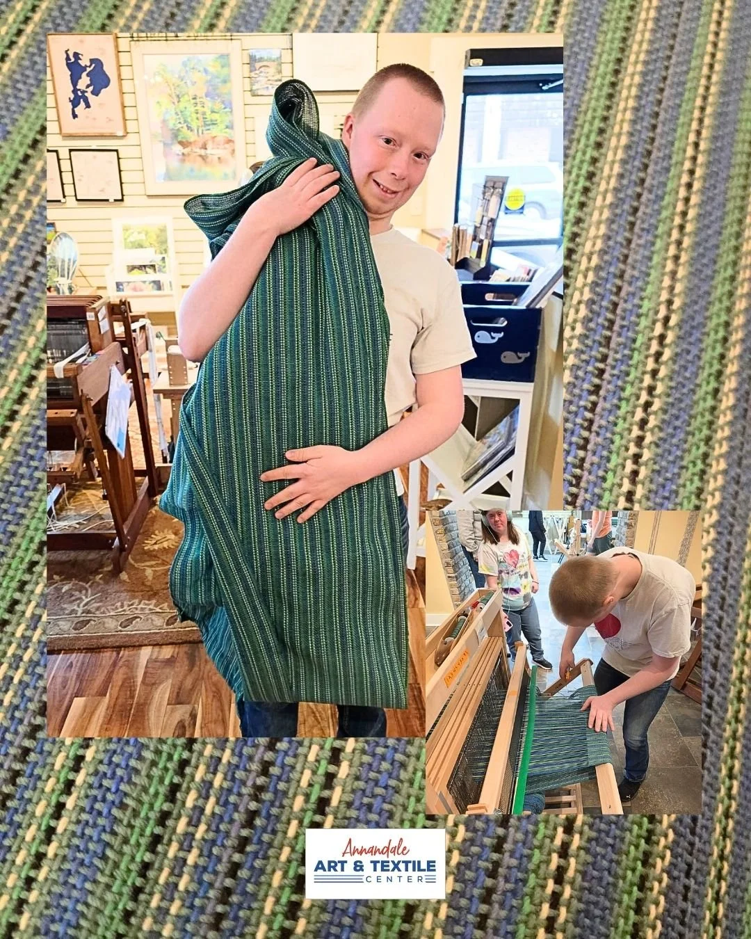 Heart of the Lakes Weaver Devin recently celebrated the cut off of a beautiful piece of fabric that is all the colors of a Minnesota summer! 

Plan a visit to AATC - at Annandale Art &amp; Textile Center artistry is celebrated each and every day!

Ou