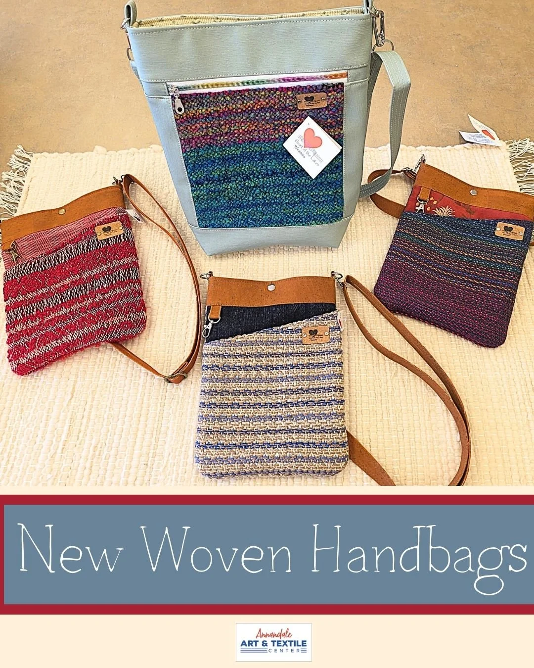 Gorgeous new handbags available in our retail gift gallery. (These tend to sell quickly so stop in as soon as possible.)

Our Spring hours are:
Tues-Fri 10A-4P
Sat 10A-1P
Closed Sunday and Monday

Weavers are on-site Tues-Fri 10A-1P.

www.artandweavi