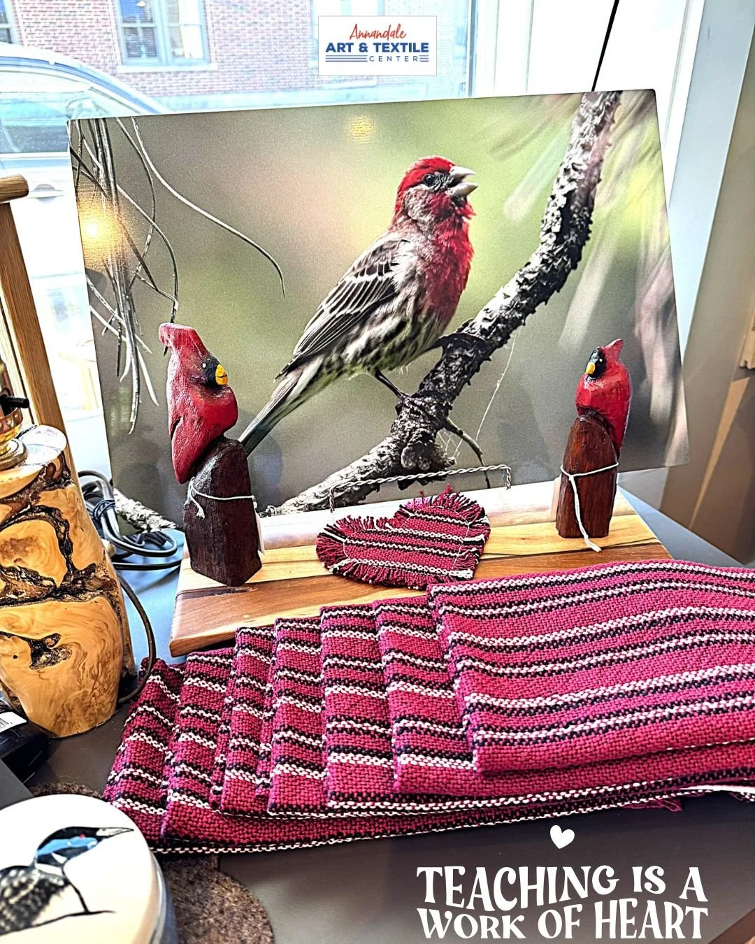 Looking for great gift ideas to thank all the wonderful teachers in your kid's lives? Visit Annandale Art &amp; Textile Center and check our Heart of the Lakes Weaver's woven goods in Cardinal's colors as well as carved cardinals from a local woodcar