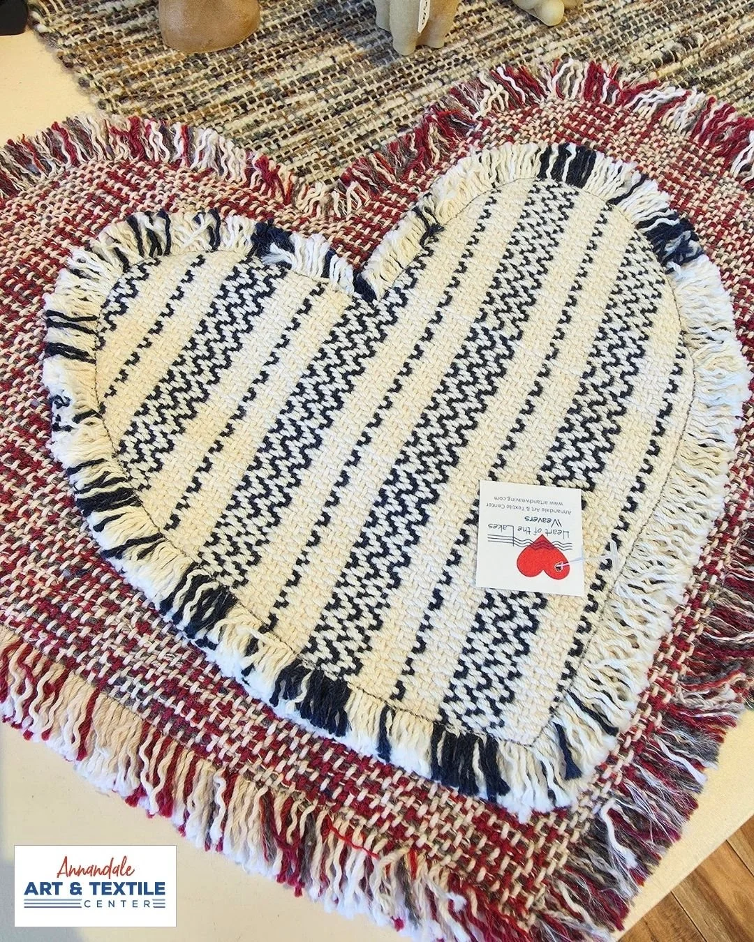 Adorable heart shaped mats from textiles woven with artistry and joy by the Heart of the Lakes Weavers.Would make great Mother's Day gifts or wedding or shower gifts!

Our Spring hours are:
Tues-Fri 10A-4P
Sat 10A-1P
Closed Sunday and Monday
Weavers 