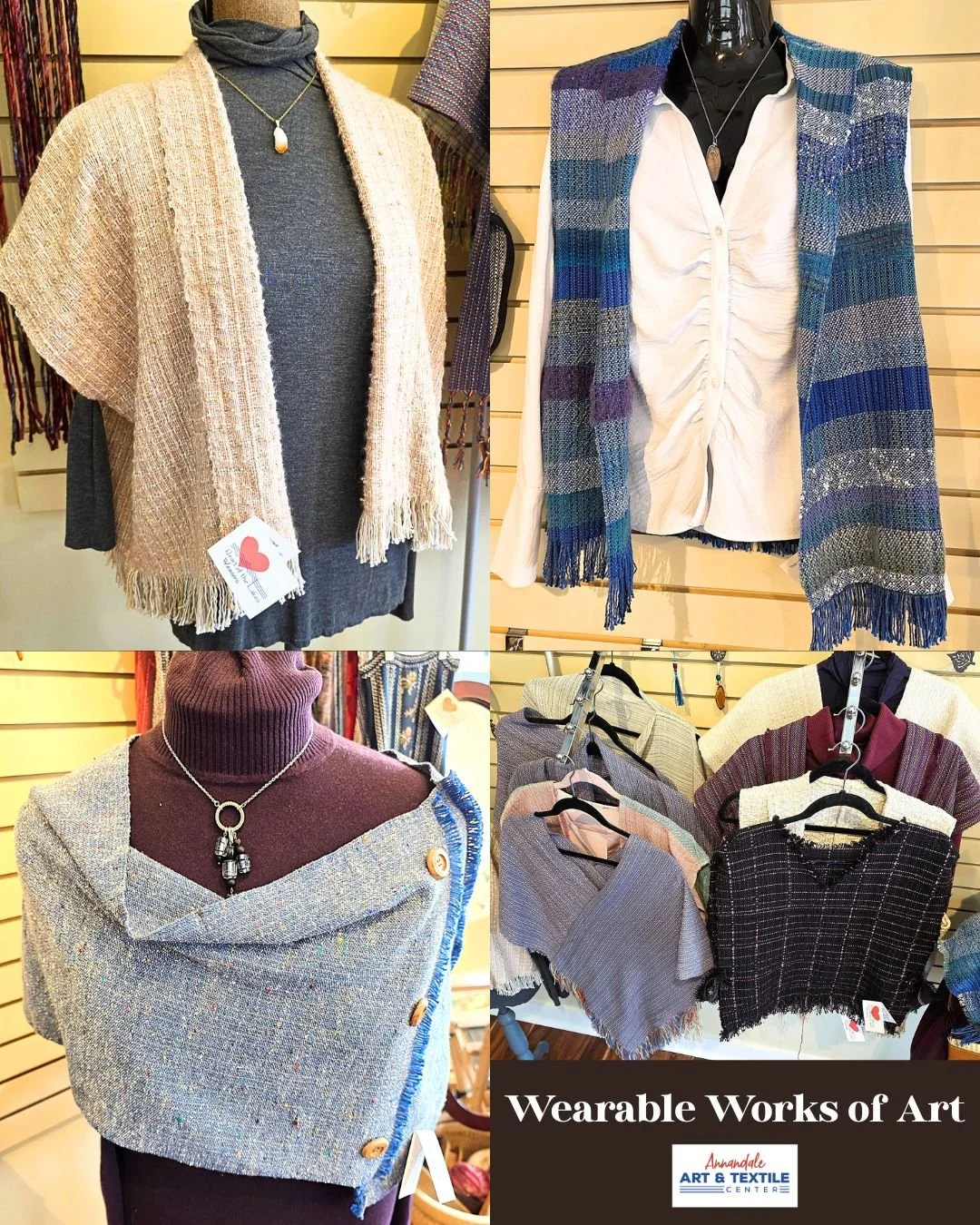 Looking for an extra layer for the cooler evenings? Do you get chilled in air-conditioned buildings? Plan a visit to Annandale Art &amp; Textile Center and shop our Wearables Wall. So many colors, patterns and styles to choose from and each one is a 