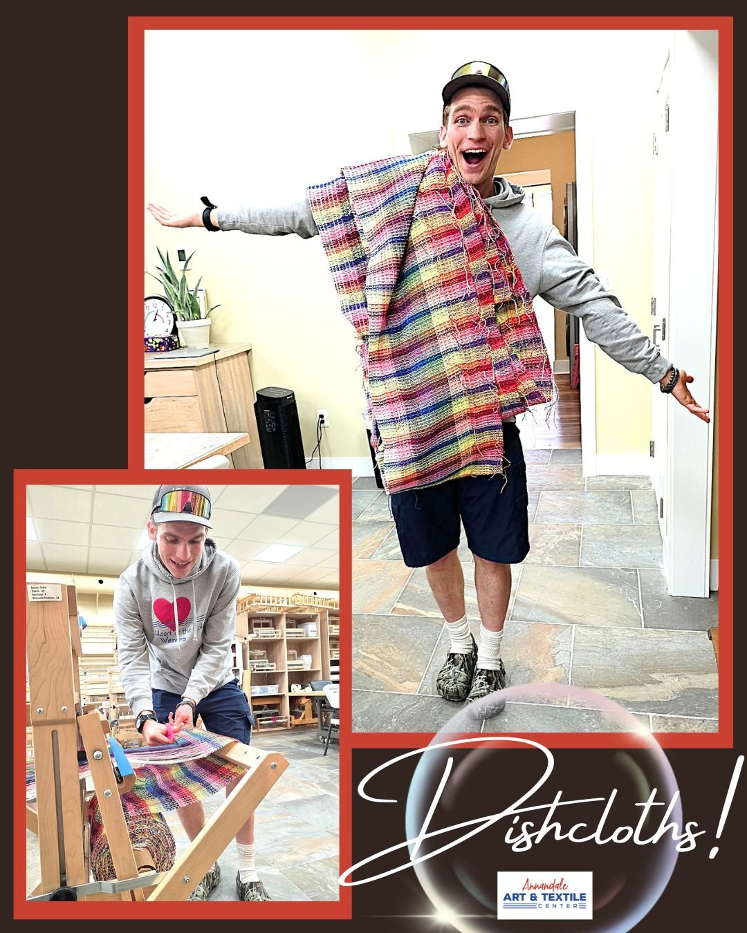 Heart of the Lakes Weaver Michael celebrated the cut-off of a gorgeous length of colorful textile that will soon be dishcloths available in our gallery.

Plan a visit to AATC - at Annandale Art &amp; Textile Center artistry is celebrated each and eve