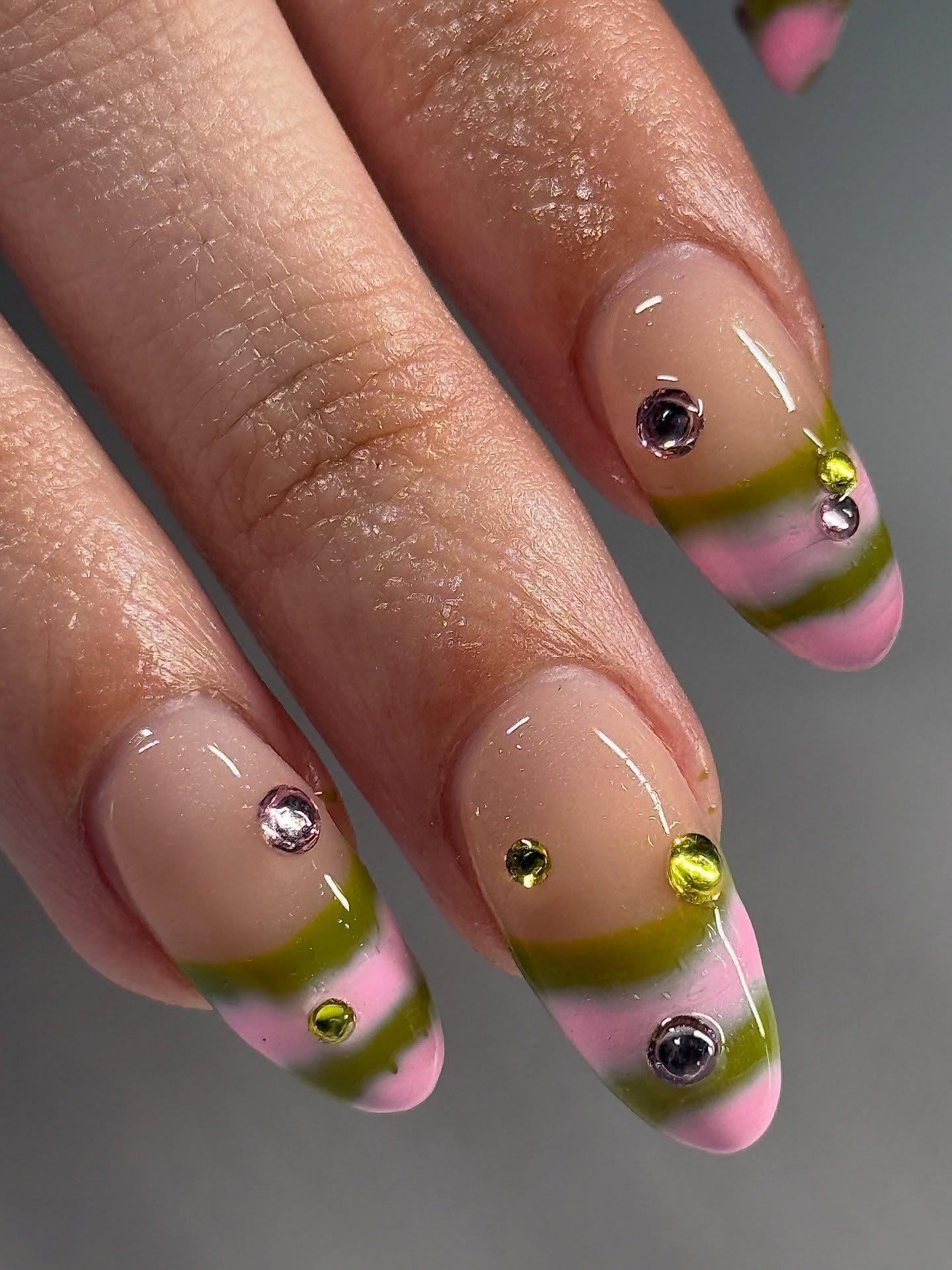 🩷💚 Striped and fuzzy French by Jenna @jennyiounails ⁠
.⁠
📍179 Orchard Street, Lower East Side NYC 

#nycnailtech #nailart #wicked