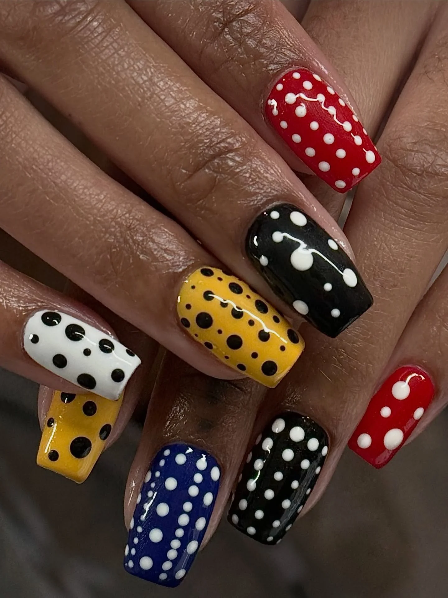 Living for this color palette 🎨 polka dots on natural nails by Ruby @nailzonmarz 
.⁠
Structured Gel &bull; Level 2⁠
📍New York City