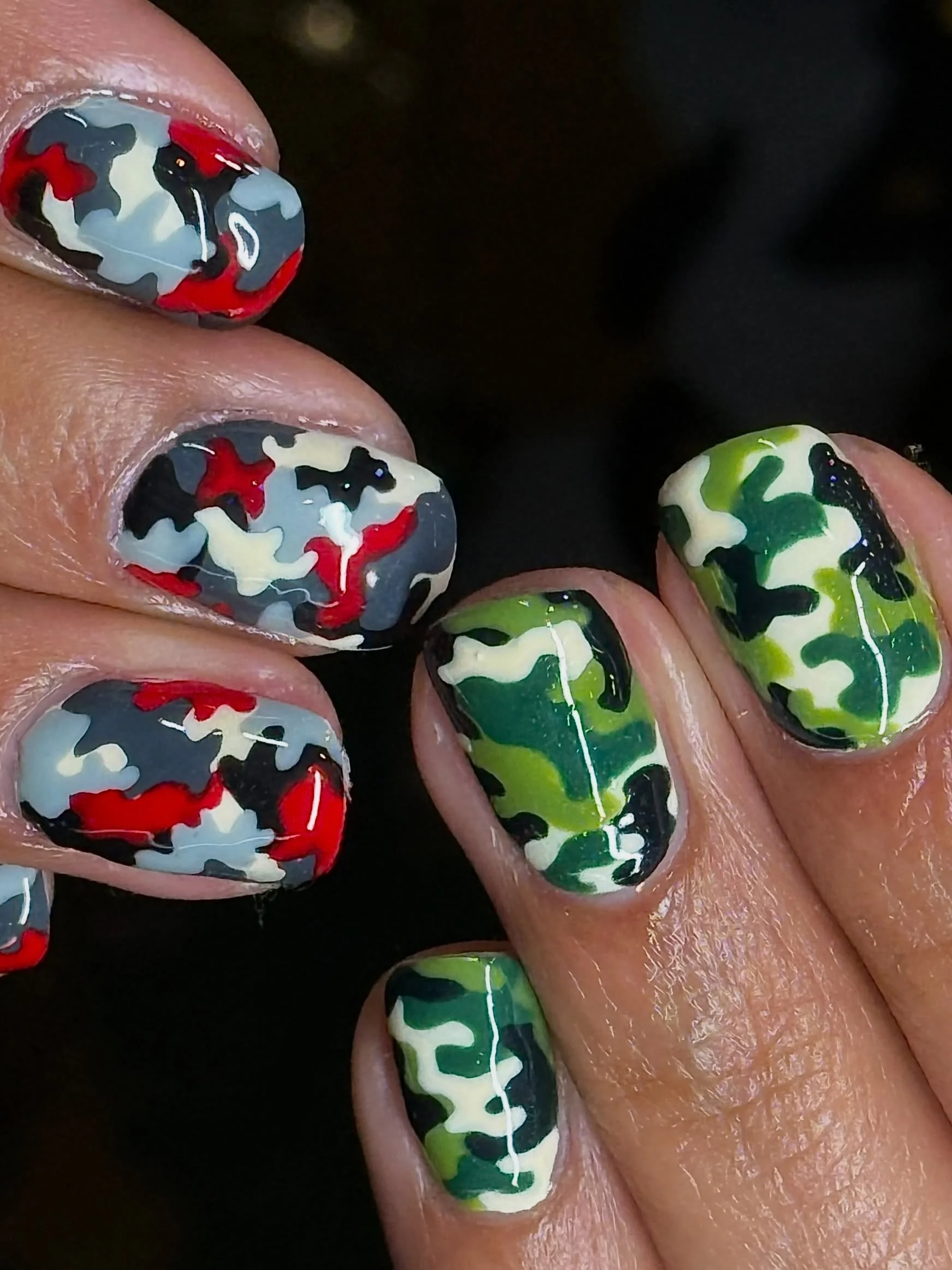 Quite literally the cutest camo set ever! Contrast camo on natural nails, hand painted by Serena @serenadidem 🫡⁠
.⁠
Structured Gel &bull;&nbsp;Level 4
📍New York City