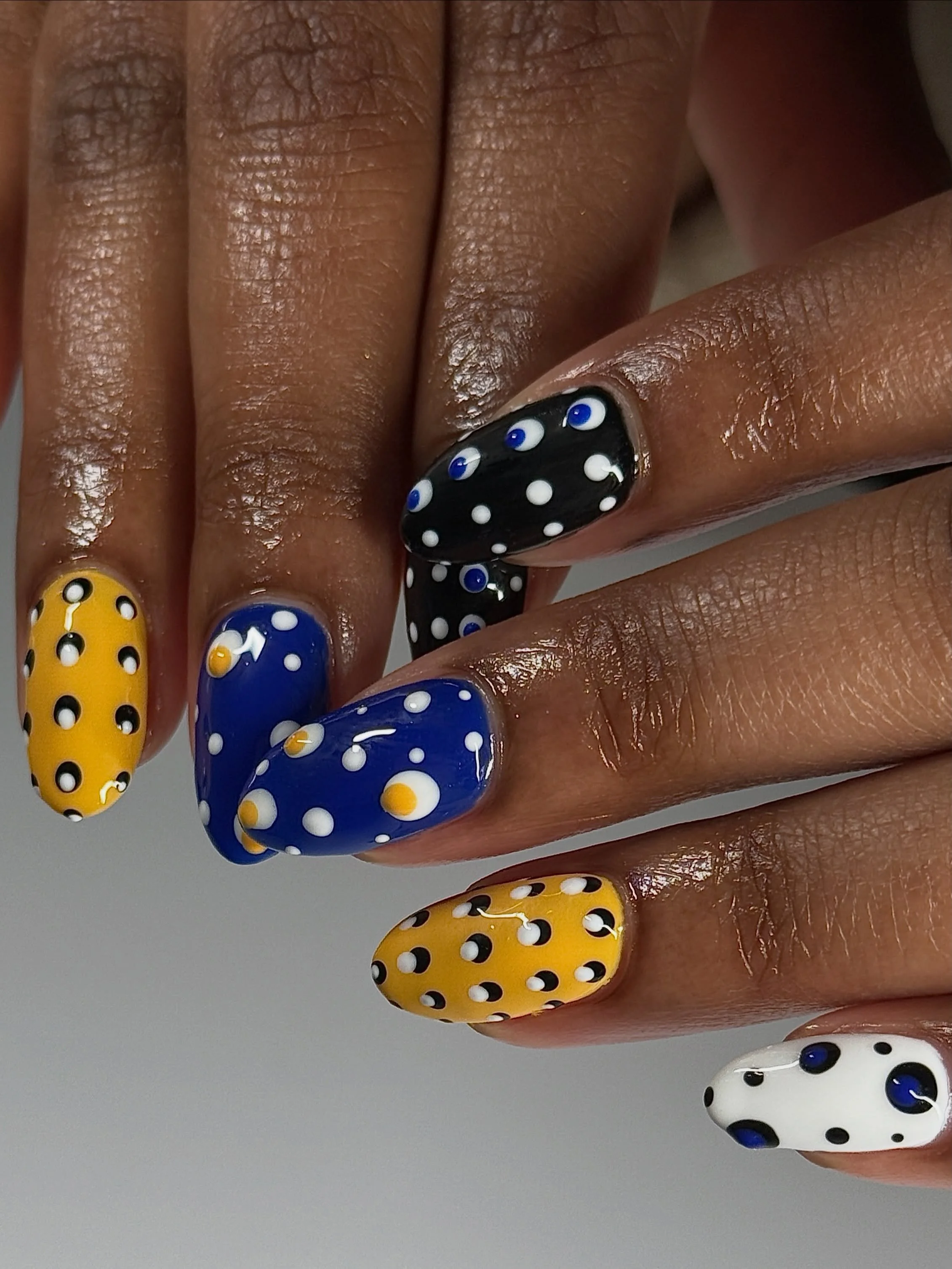 The fact that the polka dots are getting dimensional now is 🤩 Abstract polkas hand painted by Alize @nailafied⁠
.⁠
Structured Gel &bull; Level 3⁠
📍Lower East Side NYC