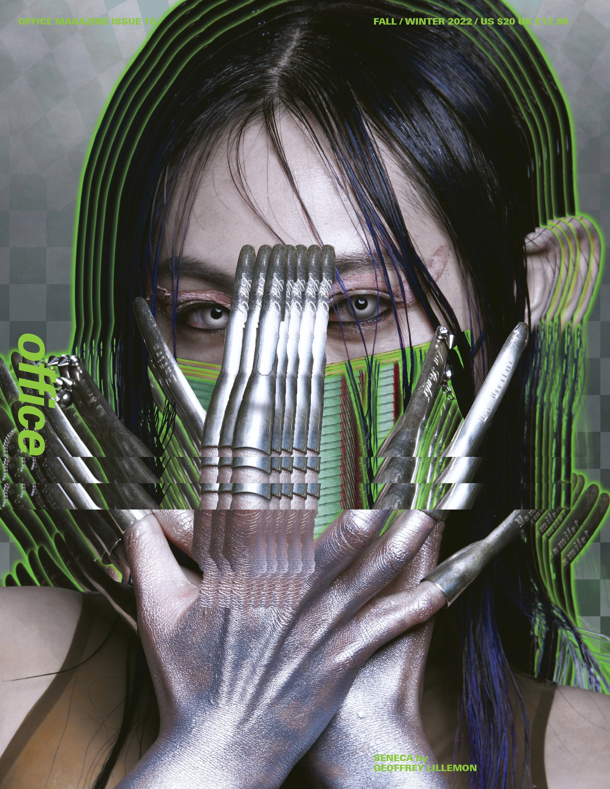 A futuristic magazine cover featuring a person with metallic painted hands and face, covering one eye with their hand, with blue hair, and glowing green wave outlines around the figure. Text indicates it is the fall/winter 2022 issue of Office magazine, issue 18.