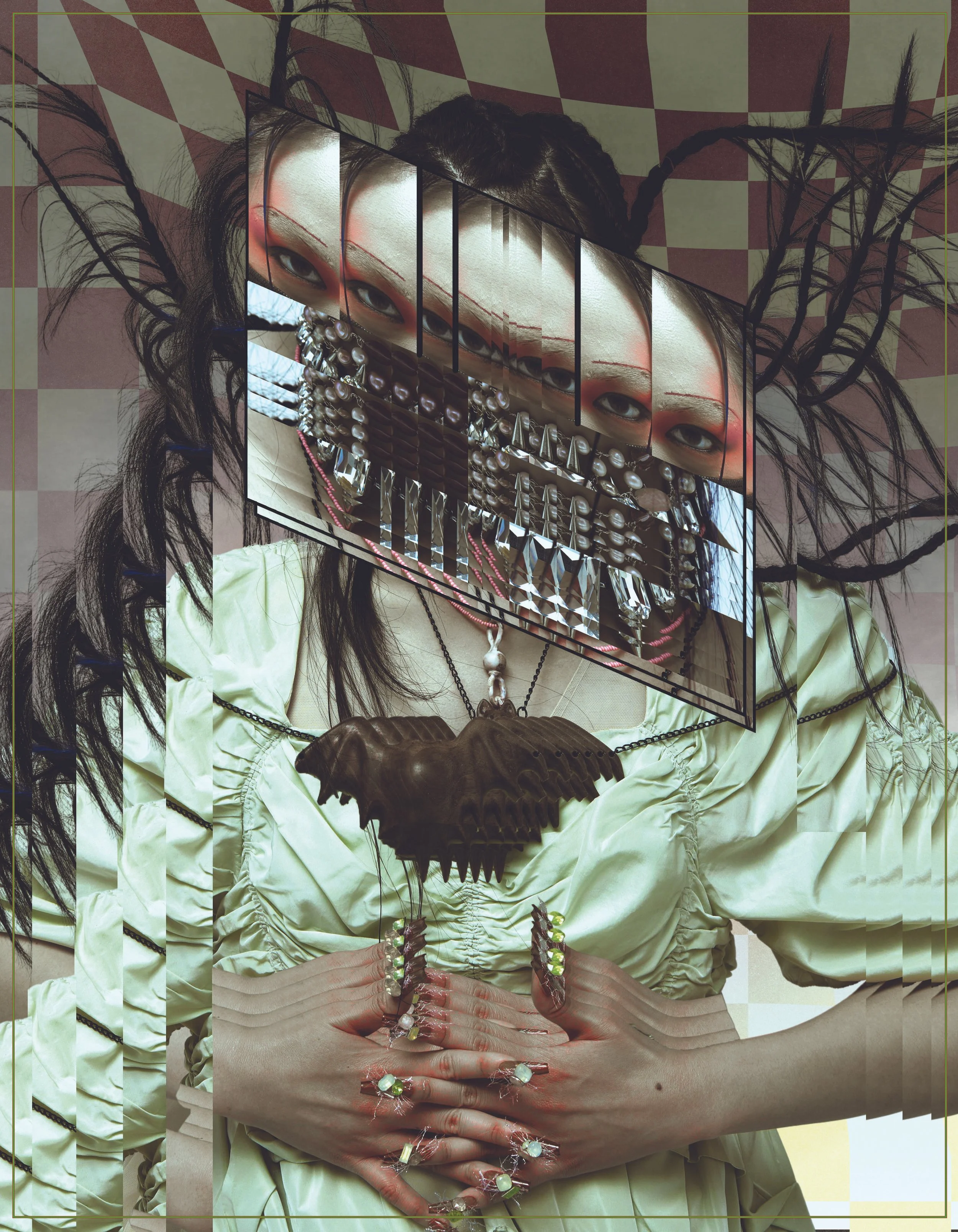 A surreal art piece featuring a woman with a complex, distorted collage of her face, adorned with metallic jewelry, a butterfly necklace, and a pale yellow dress, with additional artistic elements creating an abstract, layered composition.