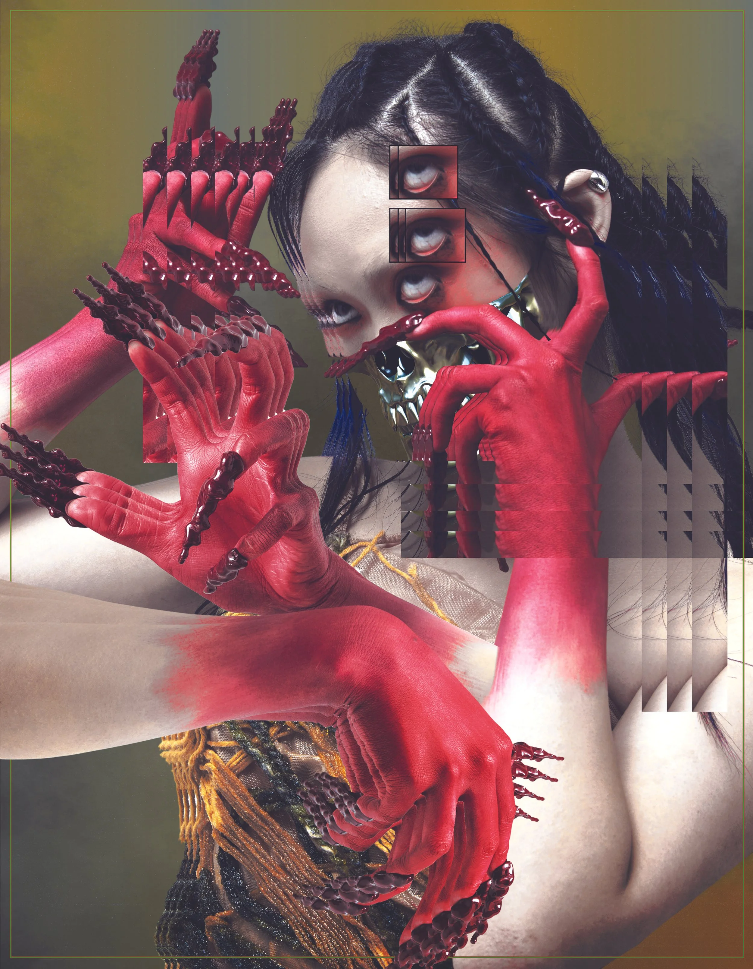 A highly artistic and surreal digital artwork of a woman with dark braided hair, multiple distorted eyes, and a metallic skull mask. She has red gloves with extended claws and her pose is expressive, with hands framing her face. The image features digital manipulation effects, multiple overlapping layers, and glitch art elements, creating a futuristic and avant-garde visual style.