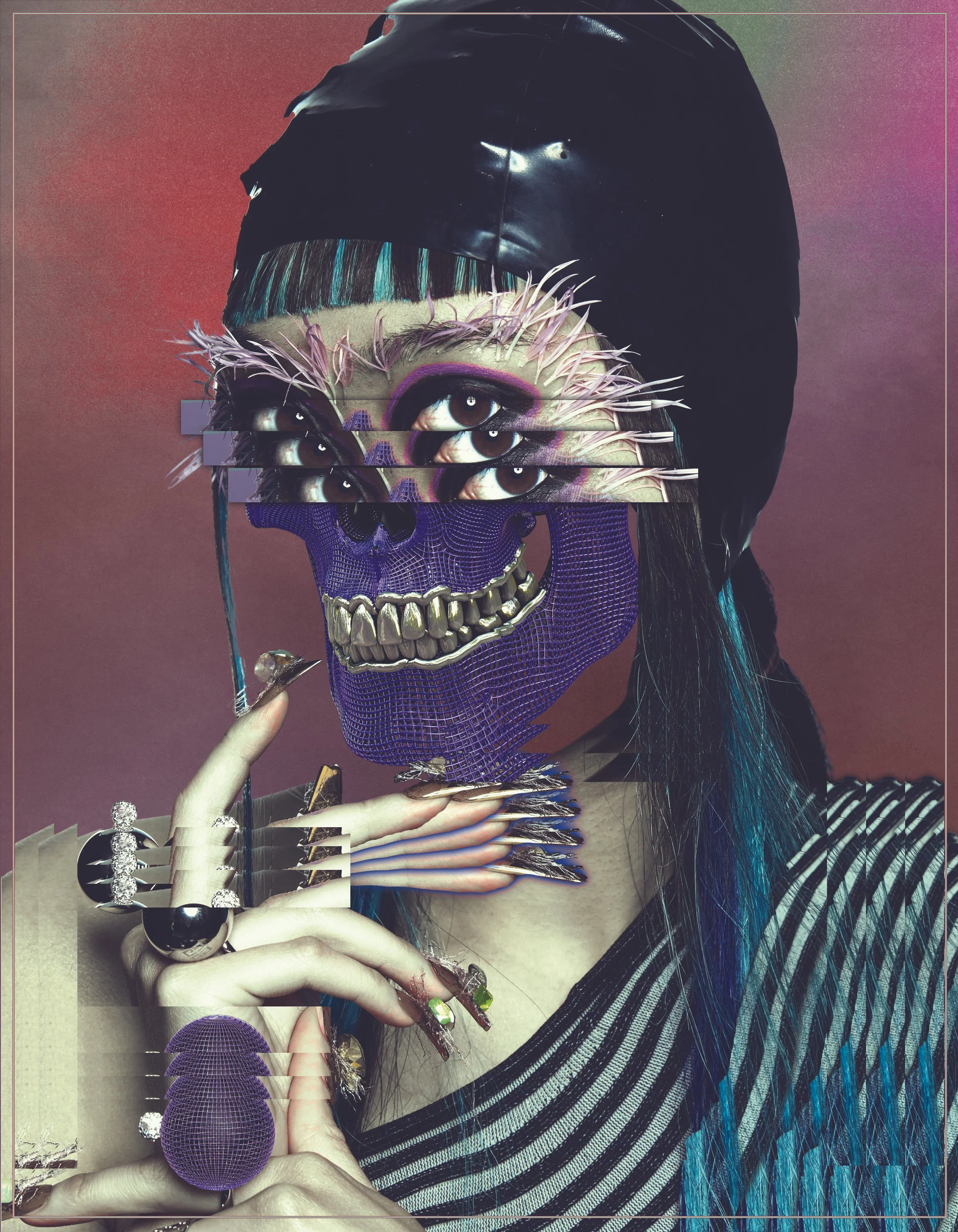 A digitally manipulated portrait of a woman with multiple distorted and layered eyes, teeth, and facial features; she is wearing a black shiny hat and a striped shirt, with colorful, exaggerated makeup and jewelry.