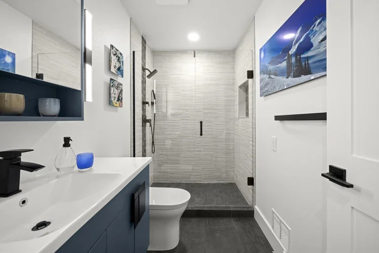 Modern bathroom with walk-in shower, navy vanity and black hardware