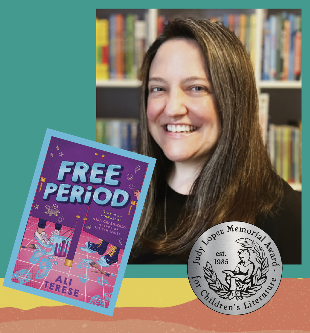 A photo of Ali Terese, her book Free Period and the Judy Lopez Memorial Award honor medal