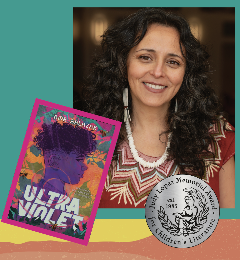 A photo of Aida Salazar, her book ultra violet, and the Judy Lopez Memorial Award honor medal