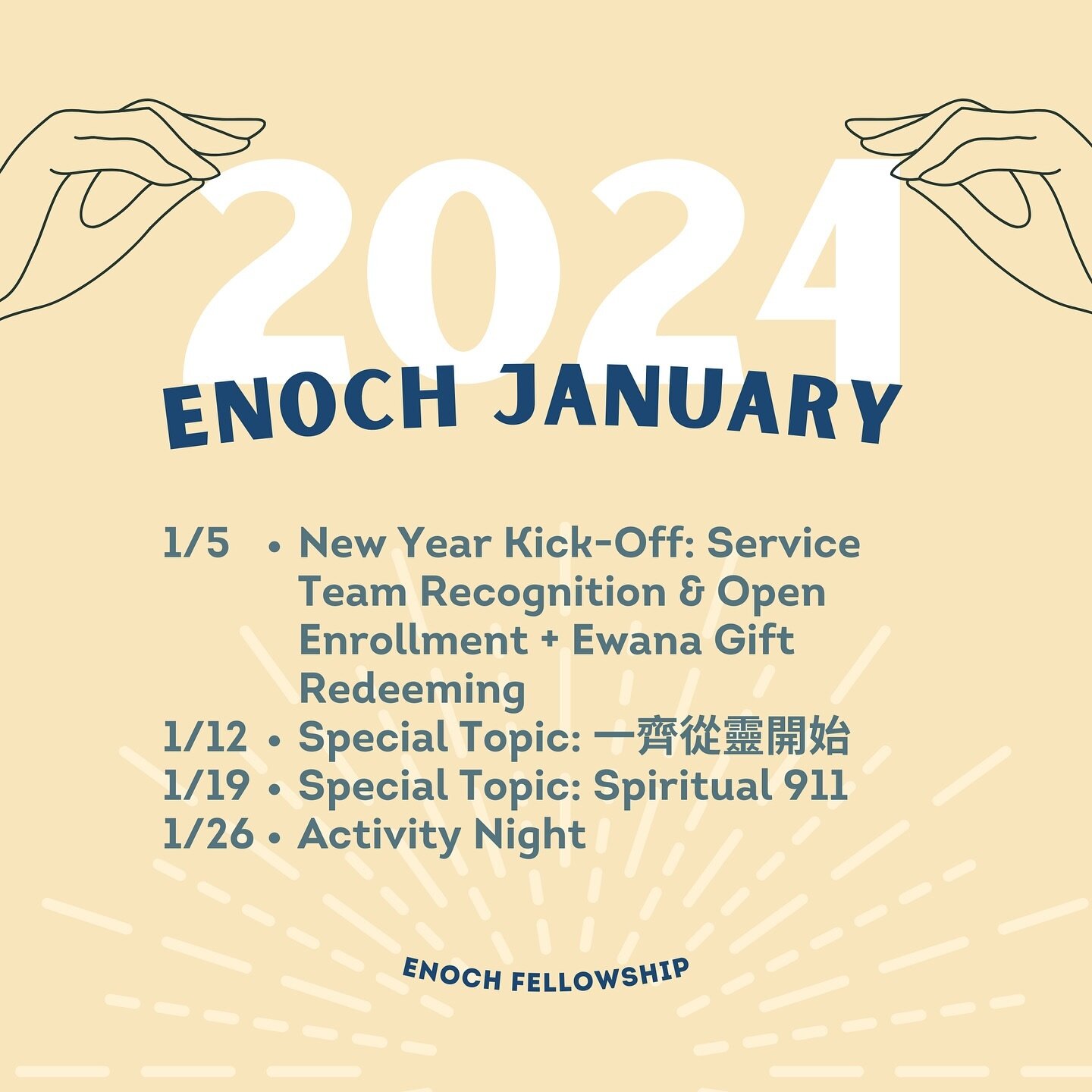 Hello brothers &amp; sisters, 
Here is our schedule of Enoch fellowship in January. Happy 2024! Stay tuned ✨❤️
