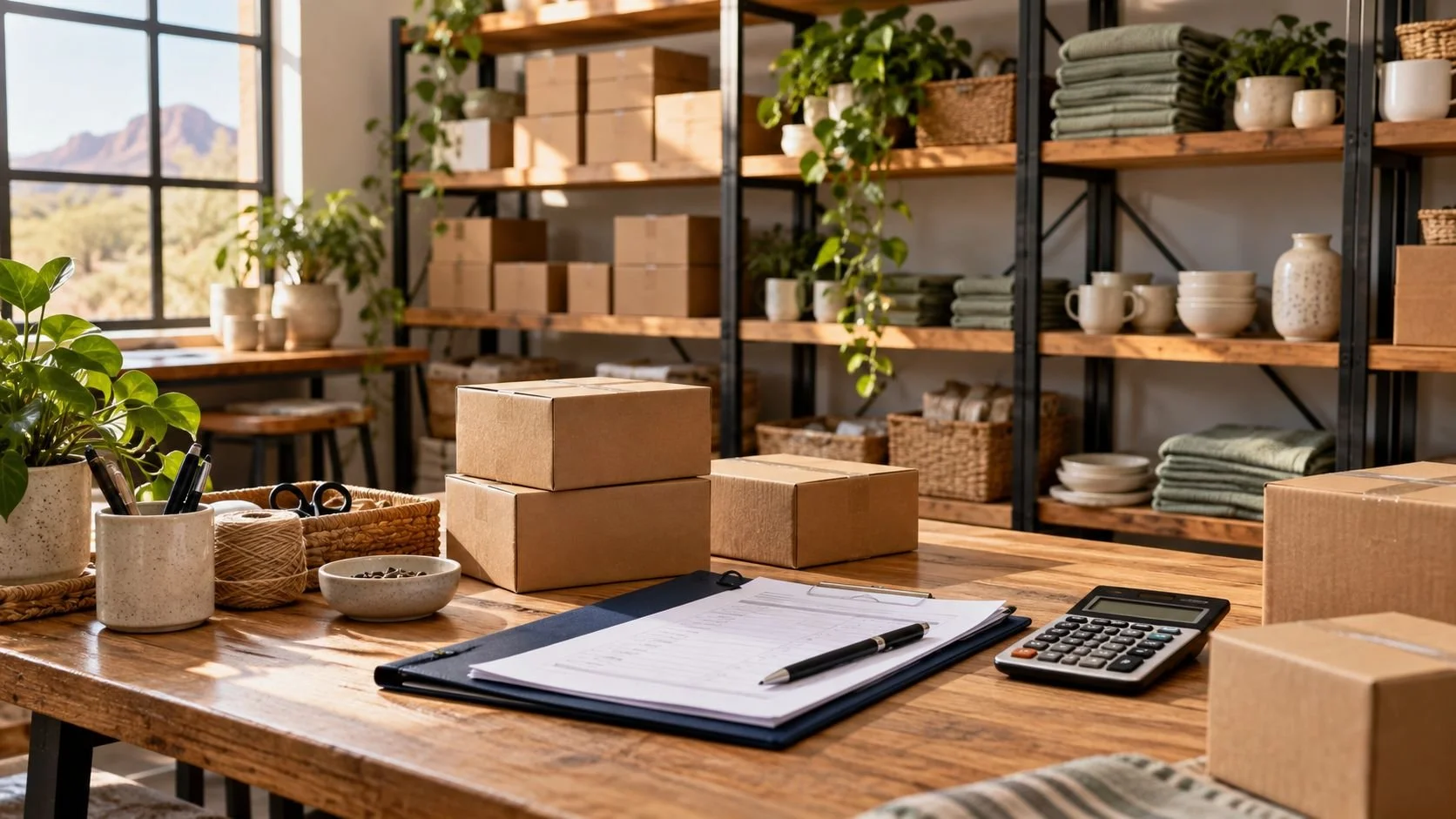 An organized small-business stockroom with boxed merchandise and an owner reviewing an inventory report.