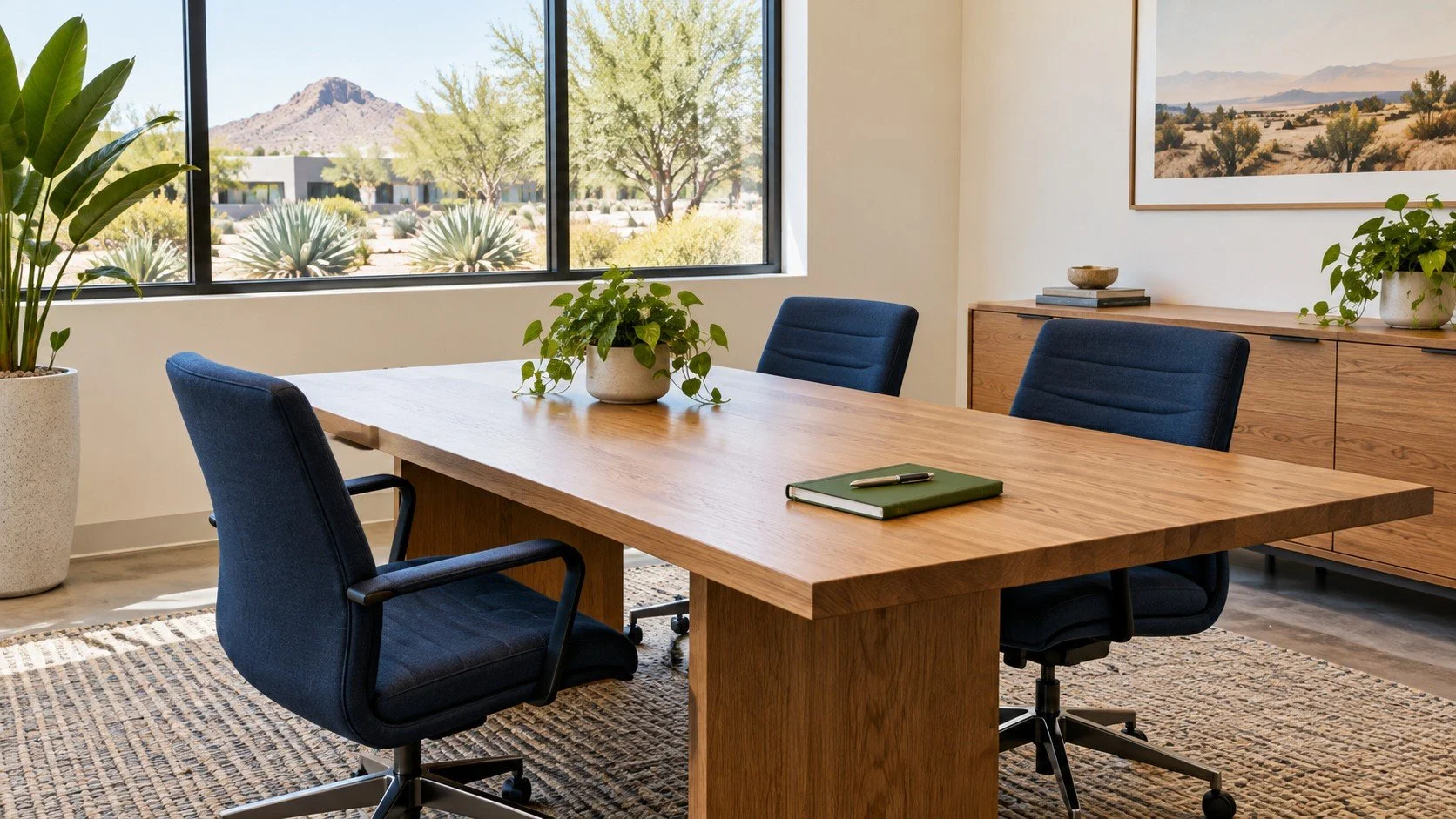 Oak conference table with navy office chairs, a green notebook, plants, and a matching cabinet in a bright meeting room.