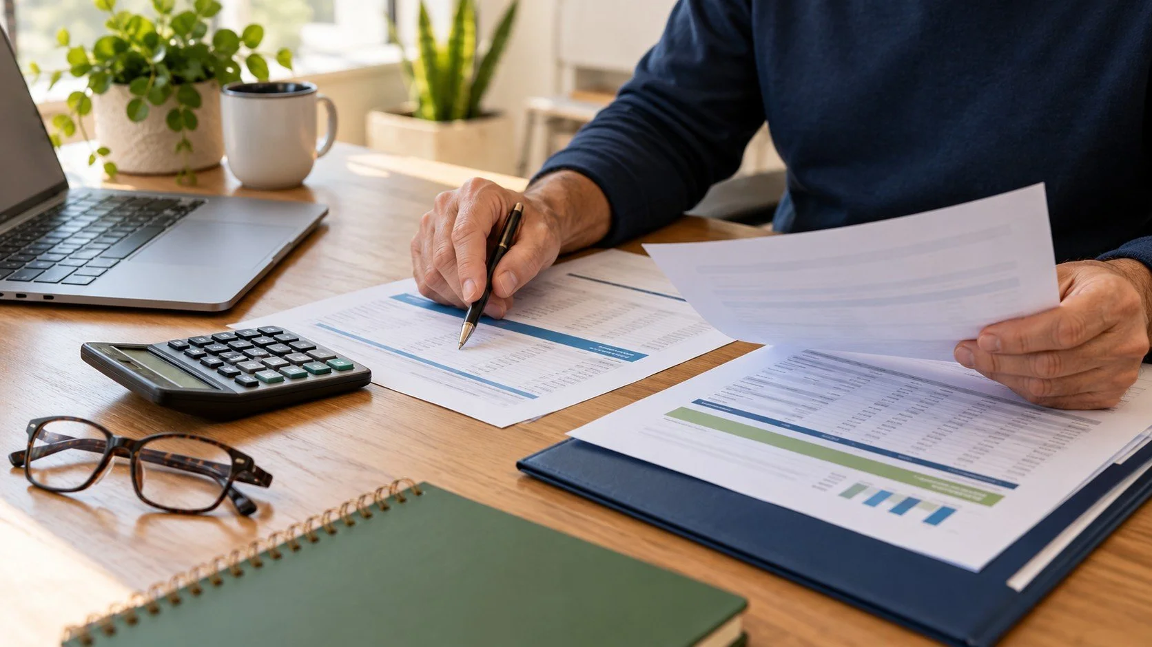 Person reviewing paperwork at an oak desk with a laptop, calculator, reading glasses, navy folder, and green notebook.