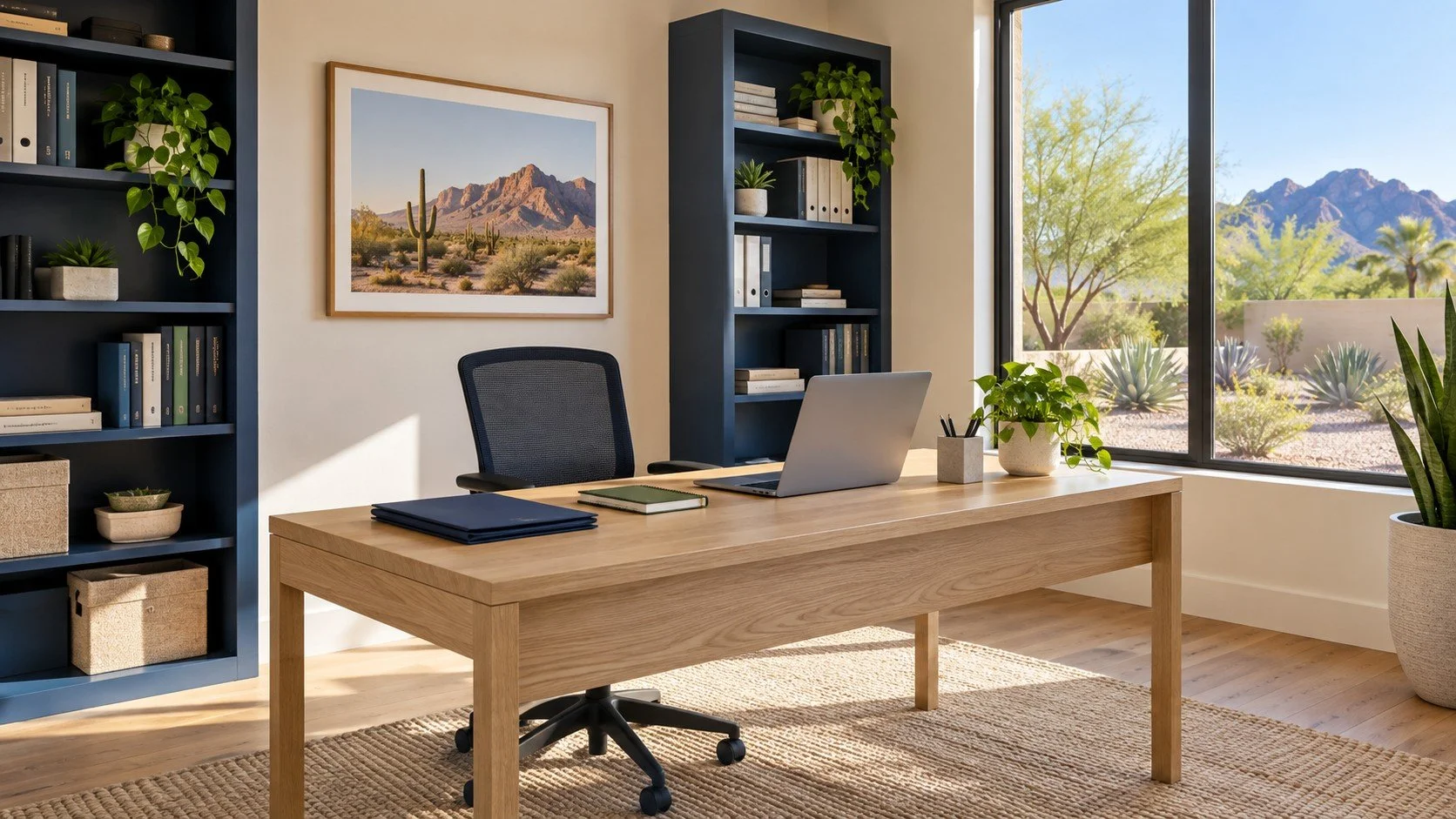 Dedicated home office with an oak desk, laptop, navy shelving, and a window overlooking desert landscaping.
