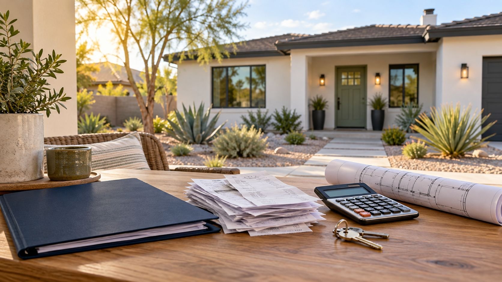 A renovated Phoenix home with a project folder and calculator in the foreground.