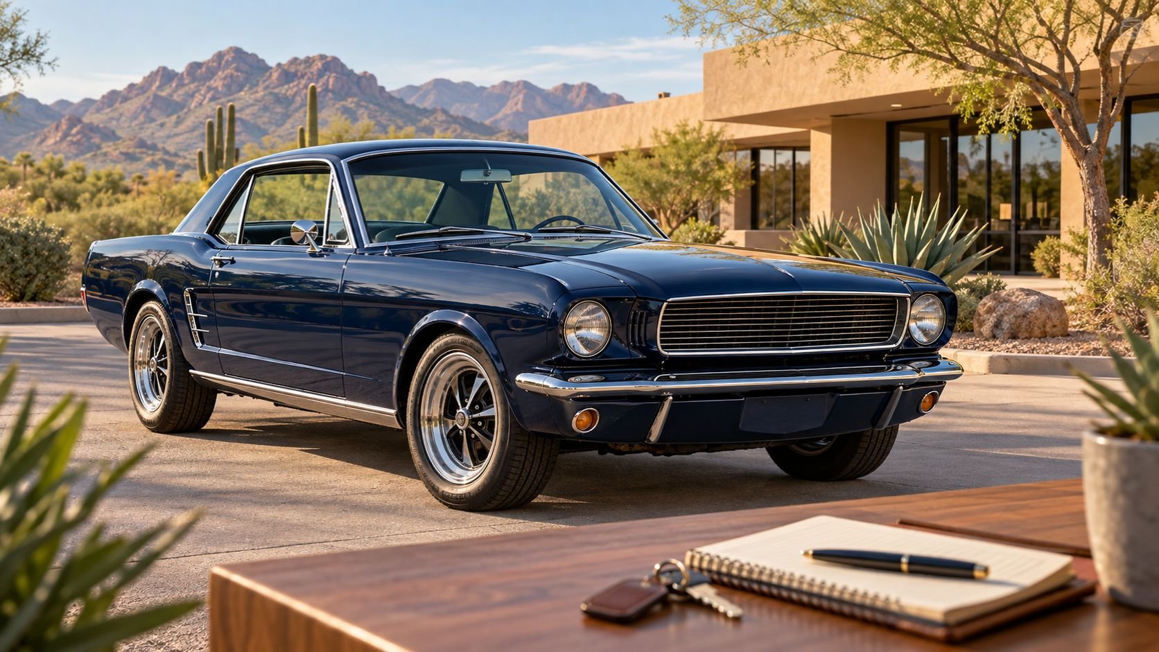 Navy classic coupe outside an Arizona office, with a mileage notebook, pen, and car keys on a table in the foreground.