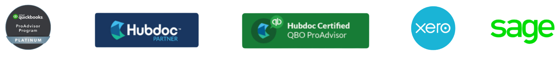 Collection of certification and partner logos including QuickBooks, Hubdoc, Xero, and Sage.