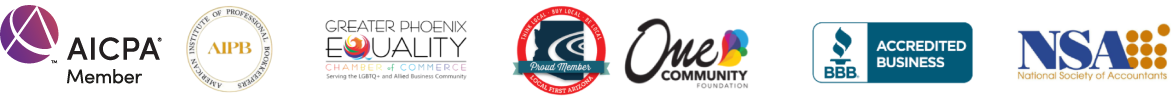 Collection of logos from various organizations, including AICPA, AIPB, Greater Phoenix Equality Chamber of Commerce, Proud Member, One Community Foundation, BBB Accredited Business, and NSA.