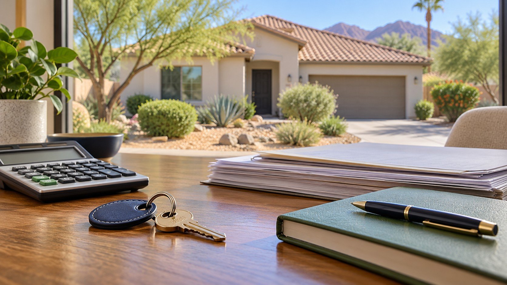 House keys, calculator, paperwork, and a green notebook on a desk overlooking a stucco home with desert landscaping.