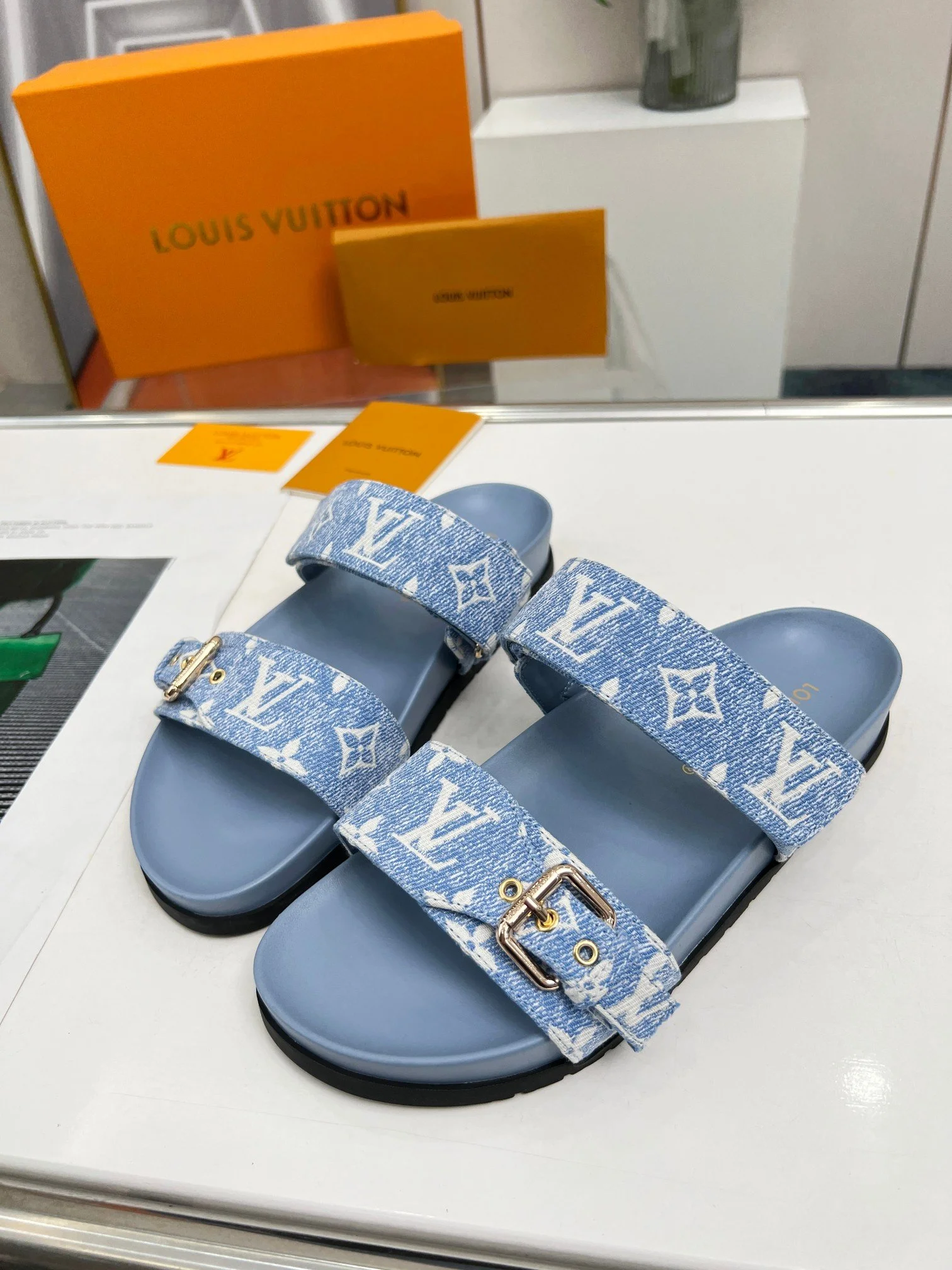 Lv Denim Blue Louis Vuitton Slides LOUIS VUITTON LV Sunset Flat