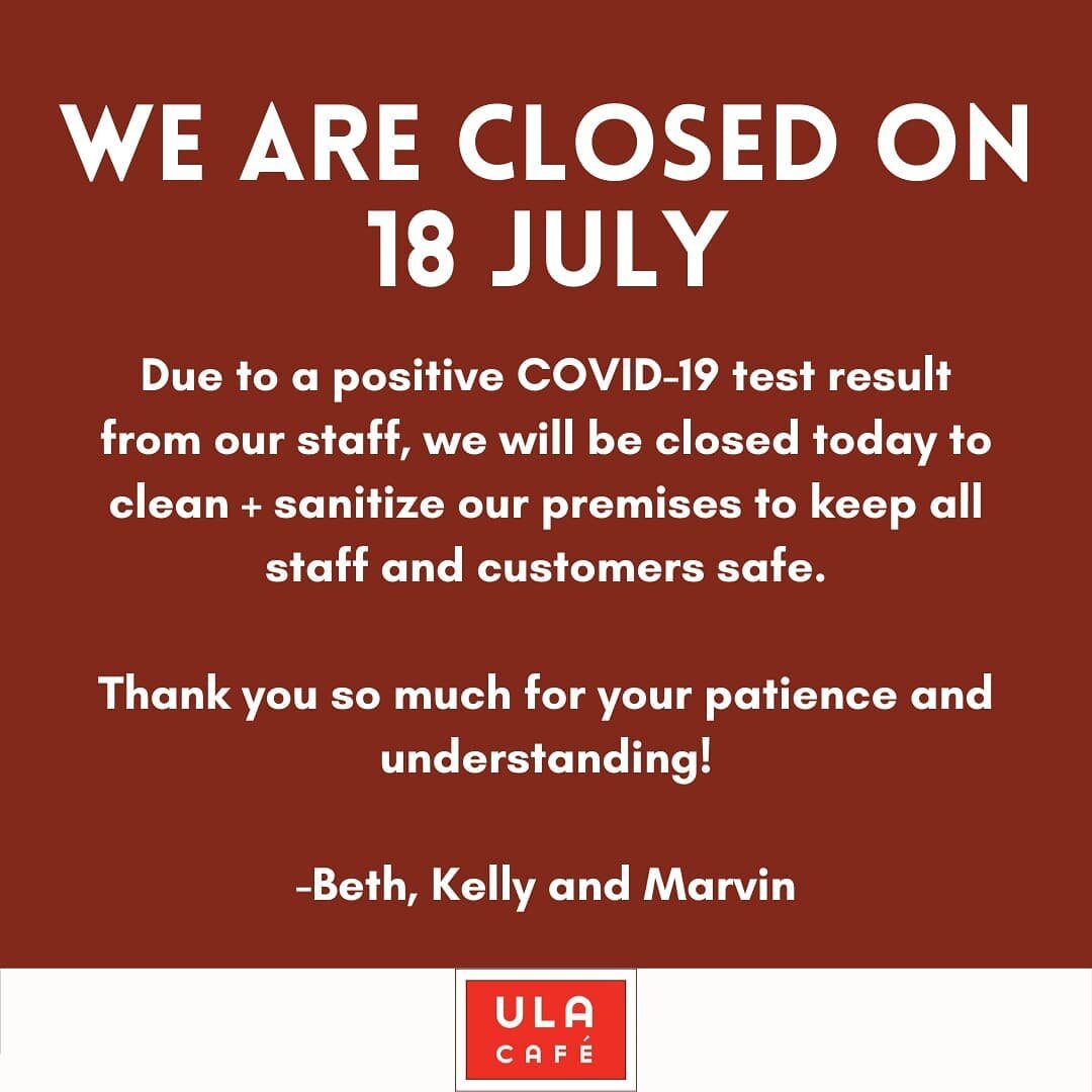 Hello Ula family!

Unfortunately we have received a report of a positive COVID-19 test result by a member of our team and, in an abundance of caution, will be closed today to clean and disinfect our space as per CDC guidelines. 

All staff have been 
