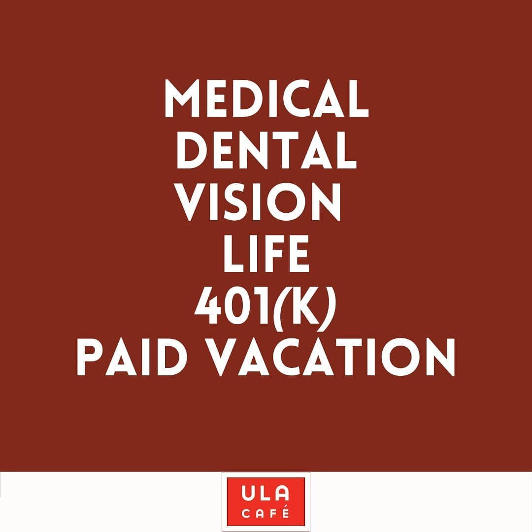 Working at Ula isn't just about a job.

It's about taking care of our community, and in exchange we want to take care of you.

Our team members get an amazing benefits package, which includes medical, dental, vision and life insurance, 401(k), and pa