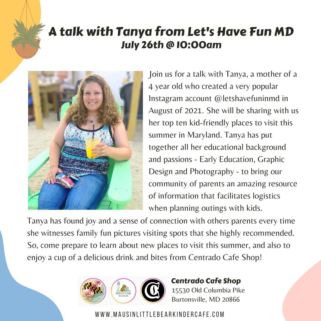 Another great event that is happening this month is on July 26th @ 10am @centradocafeshop! 

We will be having a talk with Tanya from @letshavefuninmd and together we will be learning about kid and family friendly places that we can visit in Maryland