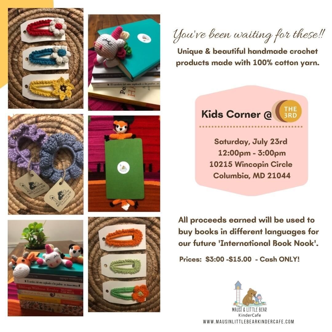 This Saturday, July 23rd from 12-3pm @Mausinlittlebearkindercafe will be in front of @the3rdinc selling handmade hair clips, bookmarks and scrunchies; all made with love and with 100% cotton yarn. 

Mausi and her grandma @mariaa.aliaga put a lot of e