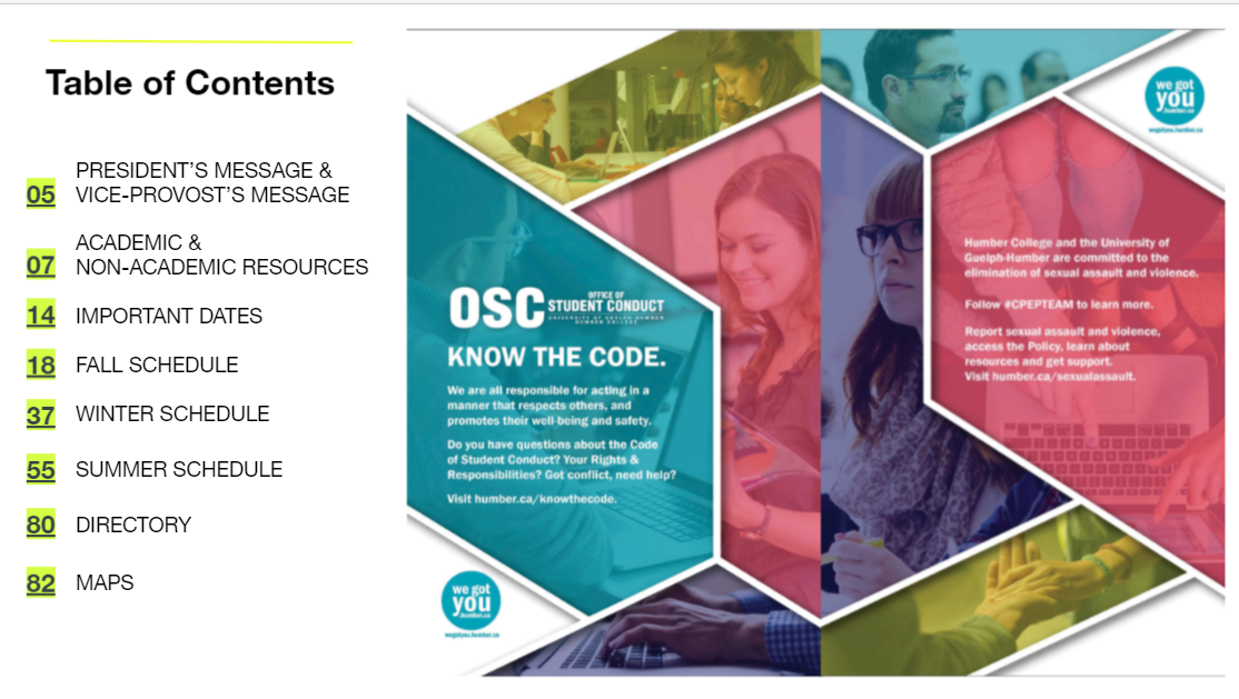 Table of Contents example showing image collage with colourful overlays and table of contents listed with highlighted and underlined page numbers to accentuate anchored links.