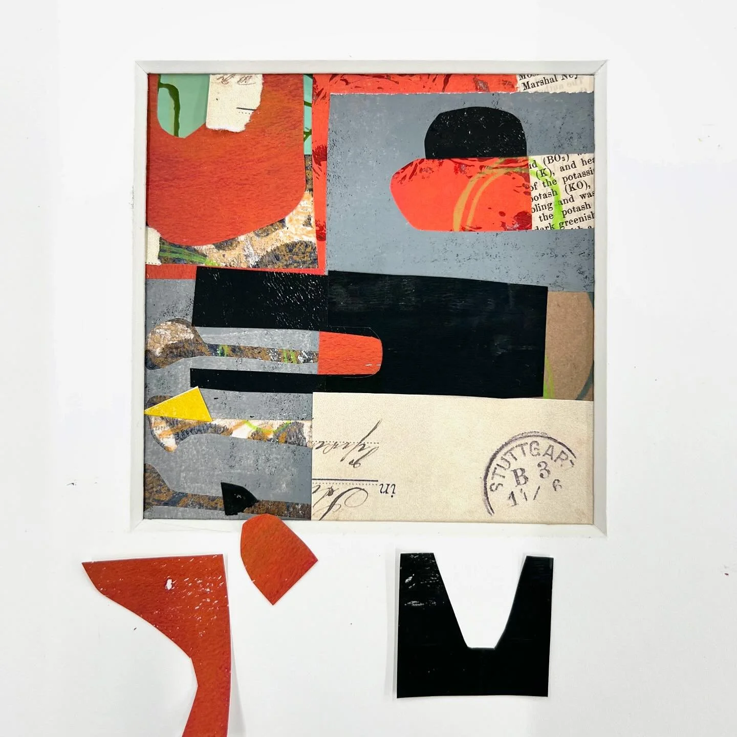 Here&rsquo;s another one. This time I&rsquo;m collaging on top of collage. Sort of like layering in mixed media painting or printing, but it&rsquo;s all painted paper collage. Thinking about color palette and adding shapes that will pull the under la