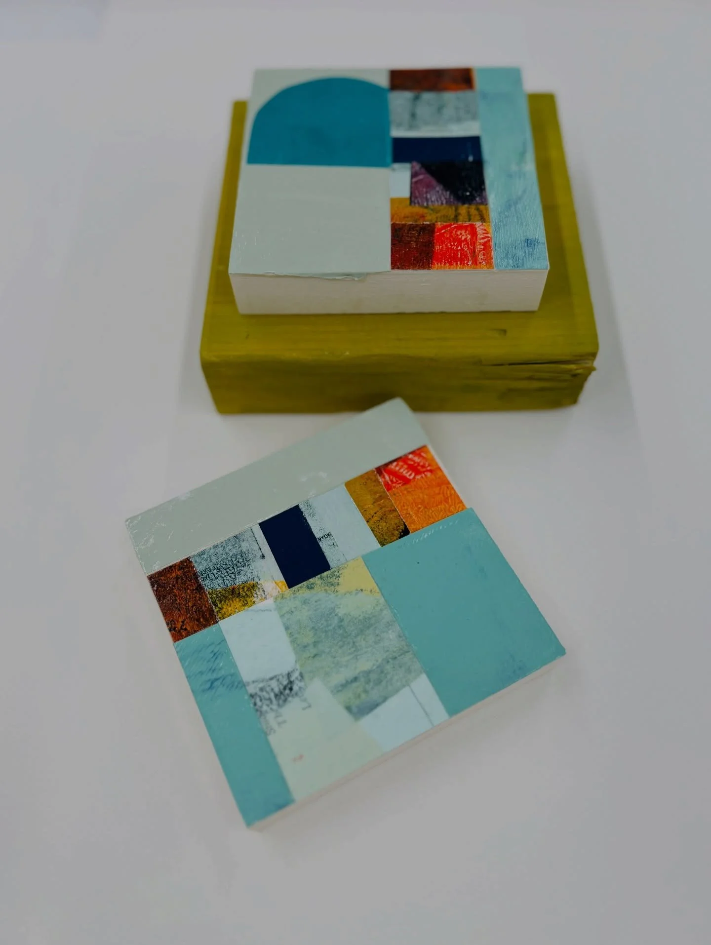 Here are a couple of chunky little pieces that came together recently.  I have piles of papers and paper collage exercises, pieces of painted scrap woods and lots of collage fodder sitting around my studio. And sometimes it leads to some art &ldquo;t