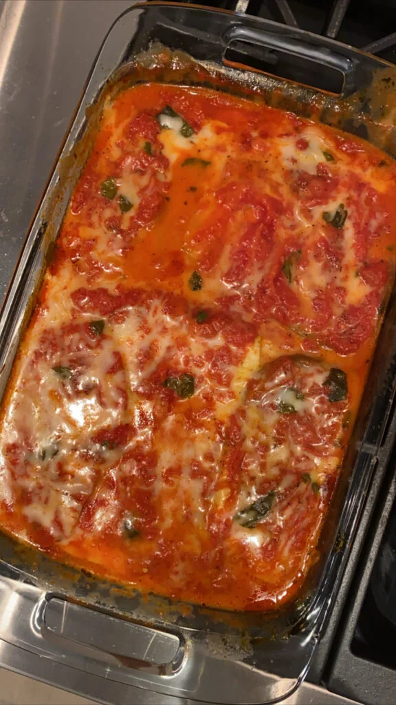 Eggplant Parm from MWH Hits.the.spot. I usually cook it for 45 to an hour so the eggplant gets soft and delicious. It’s amazing.