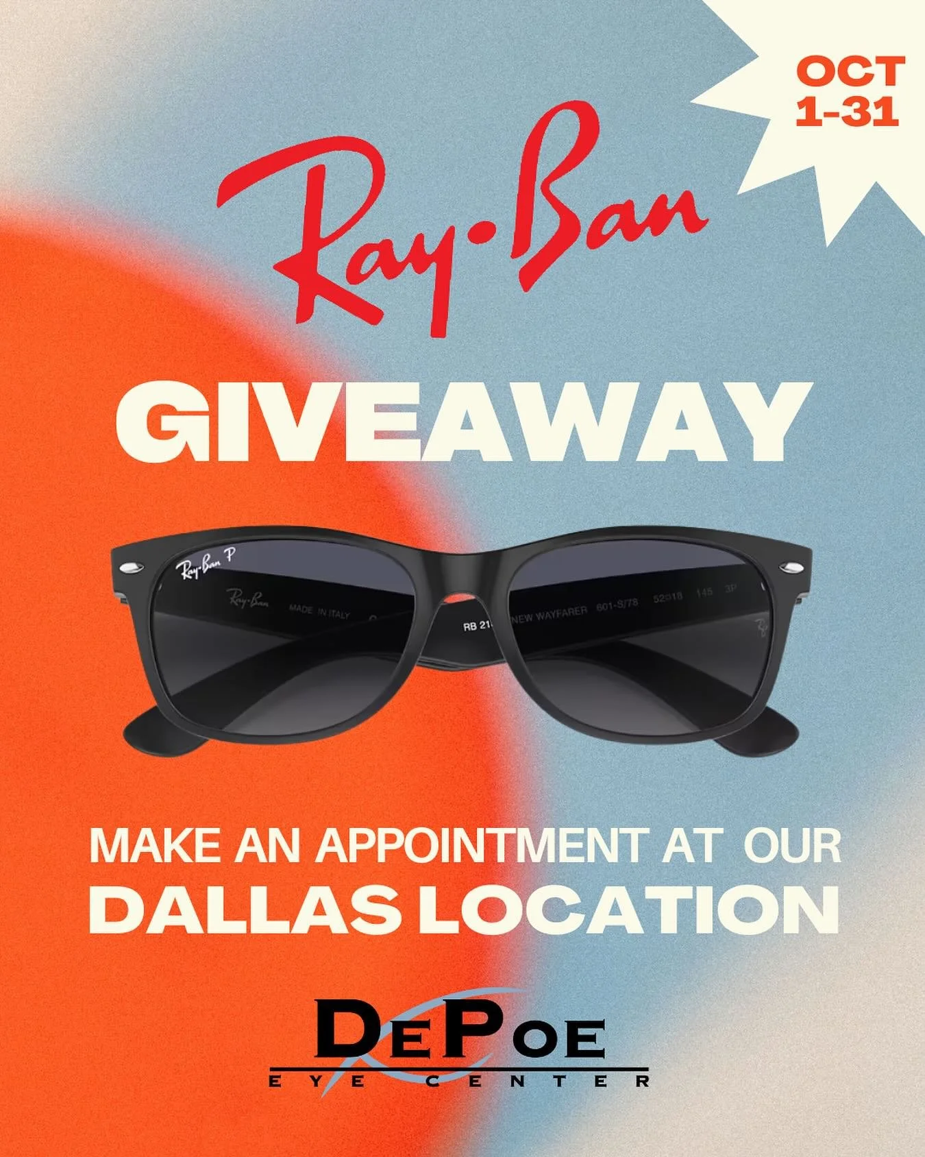 Want to win a free pair of Ray-Bans? 🕶️ Everyone who schedules &amp; comes in for an appointment at DePoe Eye Center Dallas during the month of October will be entered into a raffle for a chance to win a free pair of Ray-Bans! 

*Must complete an ey