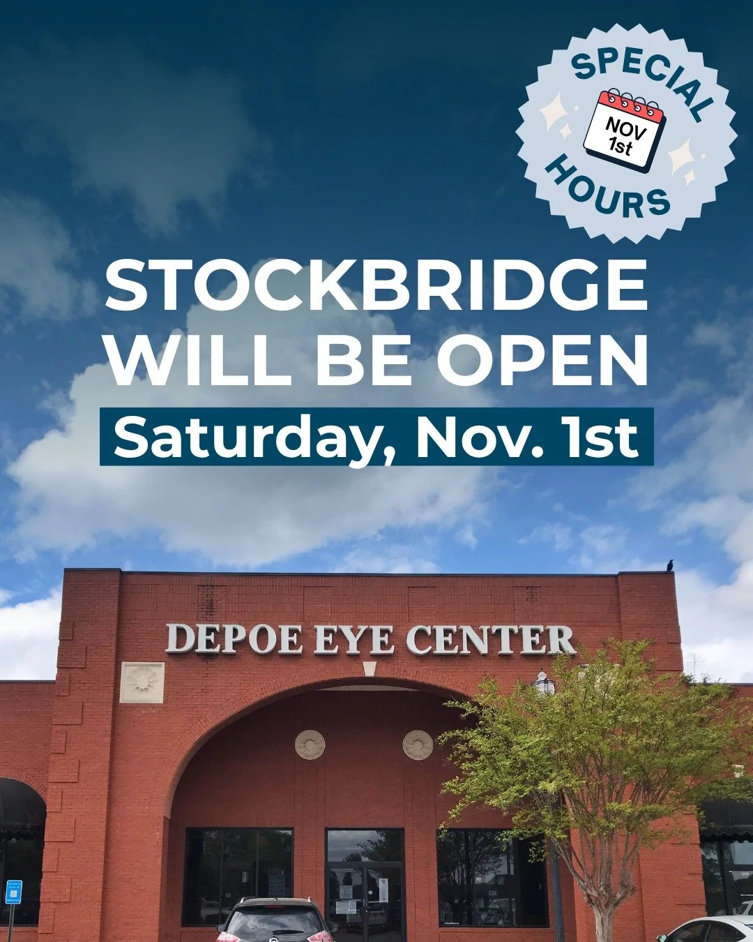 Struggling to make it in for an apointment during the workweek? We have the perfect opportunity to squeeze in an eye exam - our Stockbridge location will be open Saturday, Nov 1st. Weekend slots are limited, so grab yours while you can! depoeeyecente