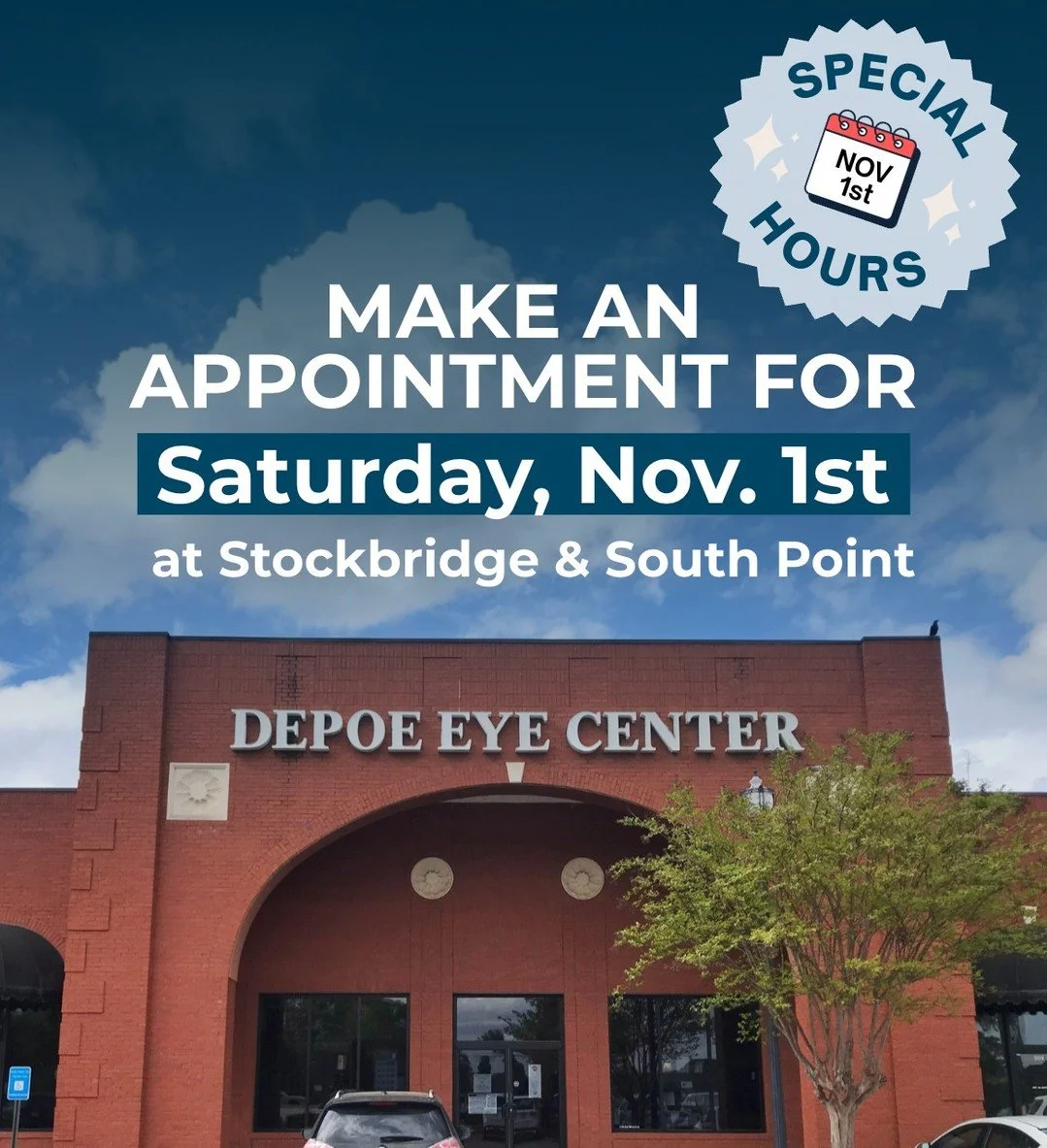 Struggling to make it in for an apointment during the workweek? Squeeze in an eye exam this weekend!
Our Stockbridge location will be OPEN with appointments this Saturday, Nov. 1st! ✨ We will also have some availability at our South Point McDonough l