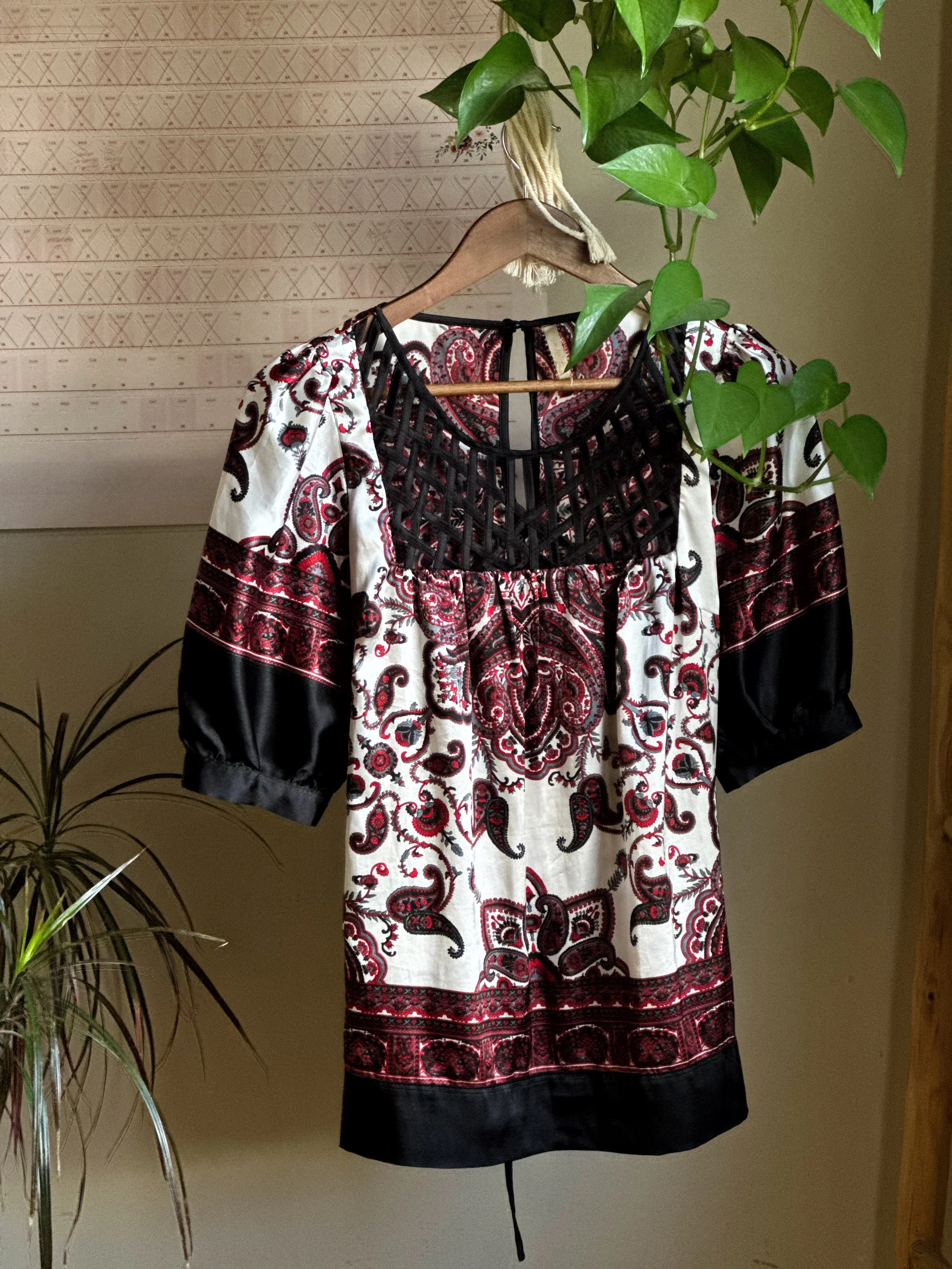 Romantic Paisley Dress with Lattice Neckline — Size Small