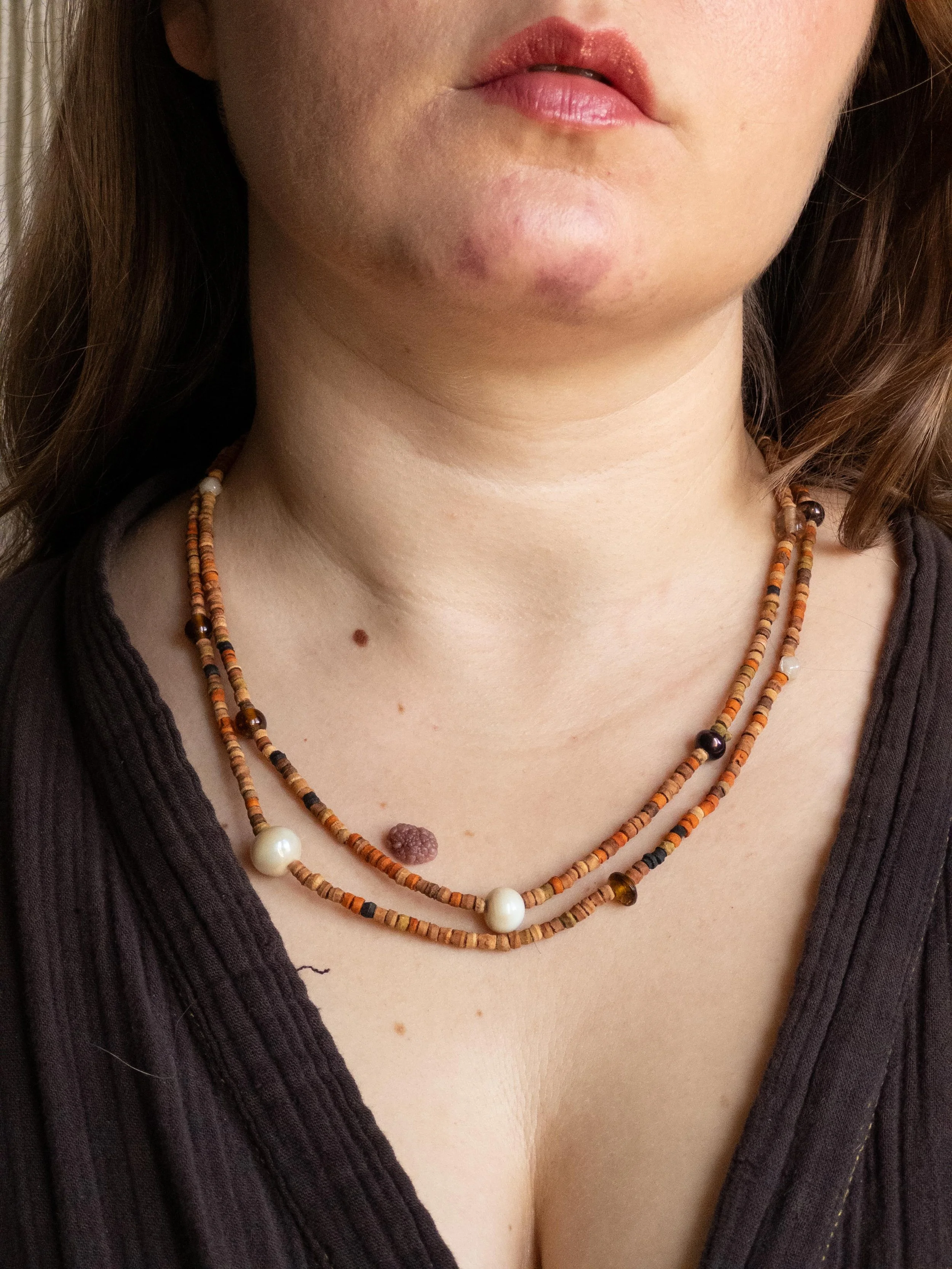 Vintage Multi-Strand Heishi Bead Necklace with Mixed Glass and Shell Accents