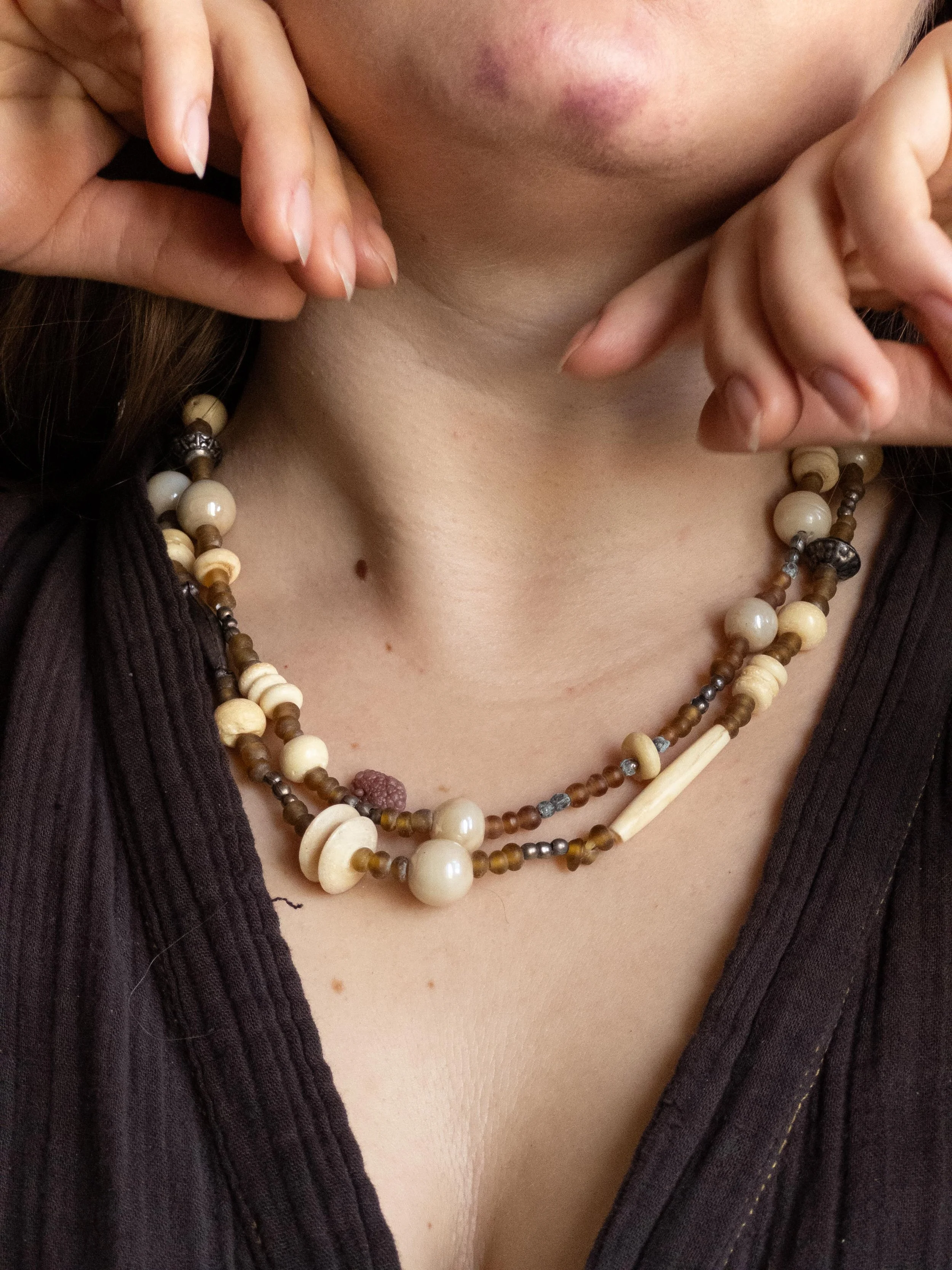 Vintage Mixed-Material Necklace with Bone & Amber-Tone Beads