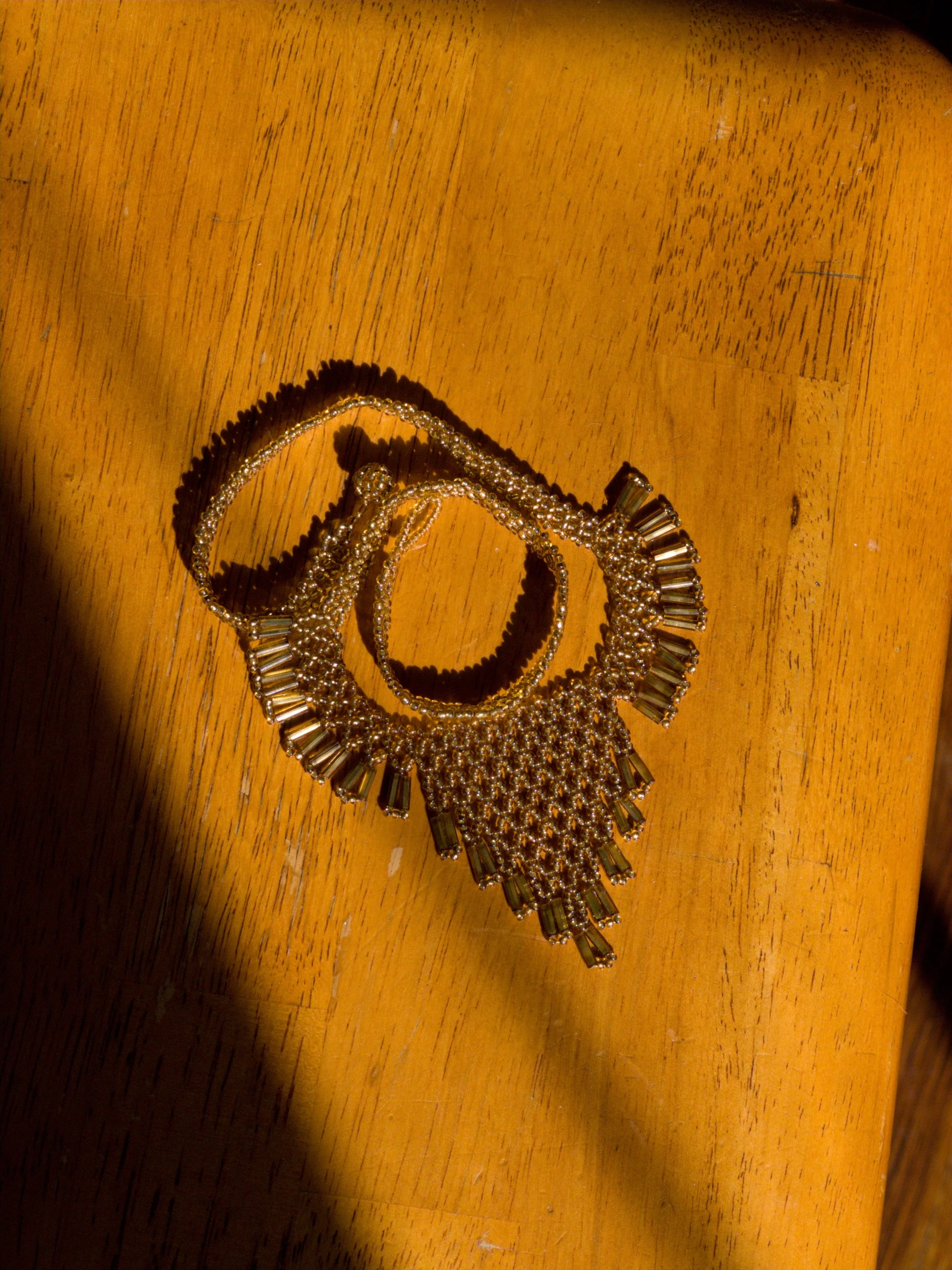 Golden Beaded Fringe Bib Necklace — Vintage Statement Jewelry