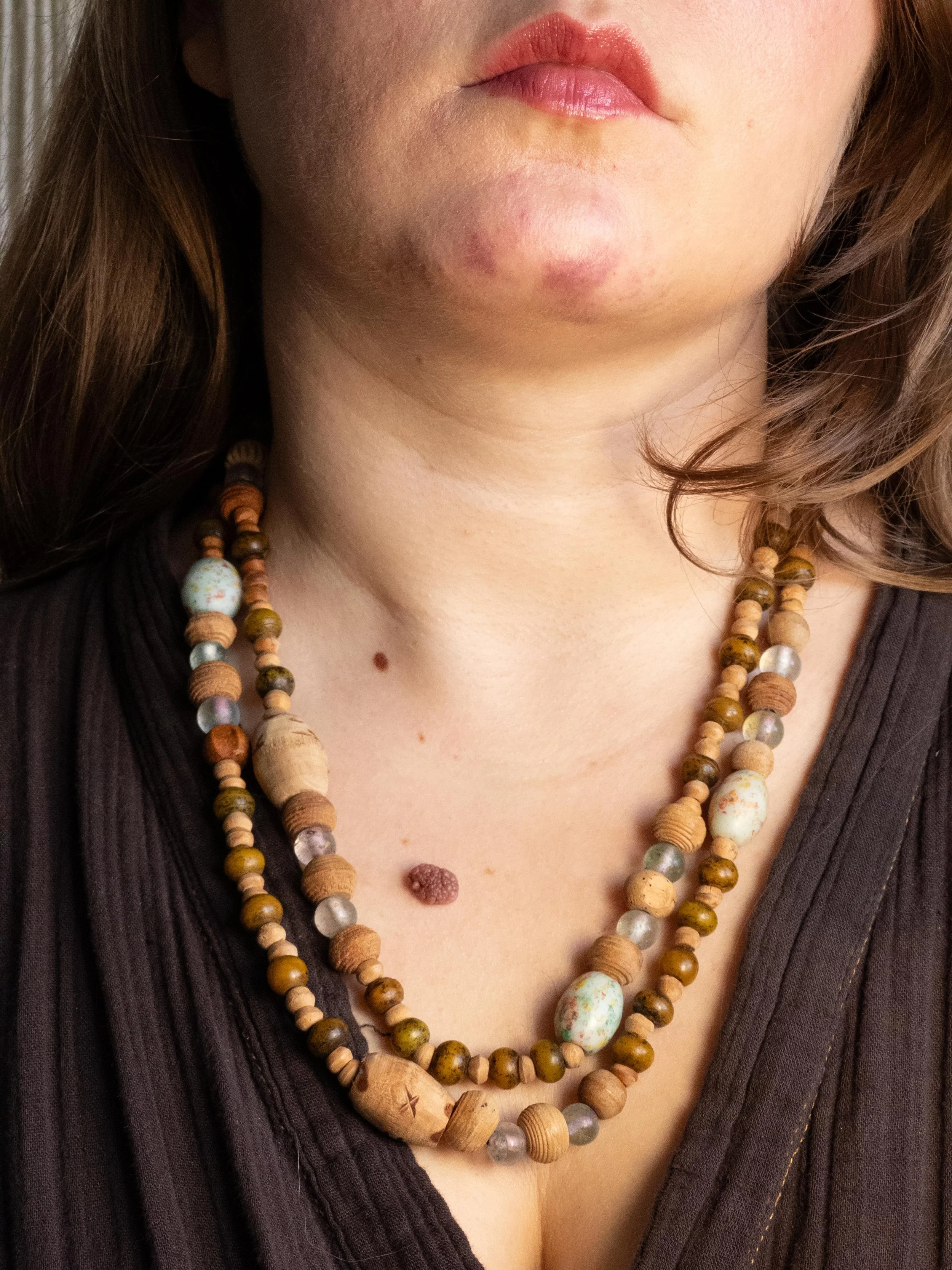 Vintage Folk Bead Necklace with Hand-Carved Wood & Glass Beads