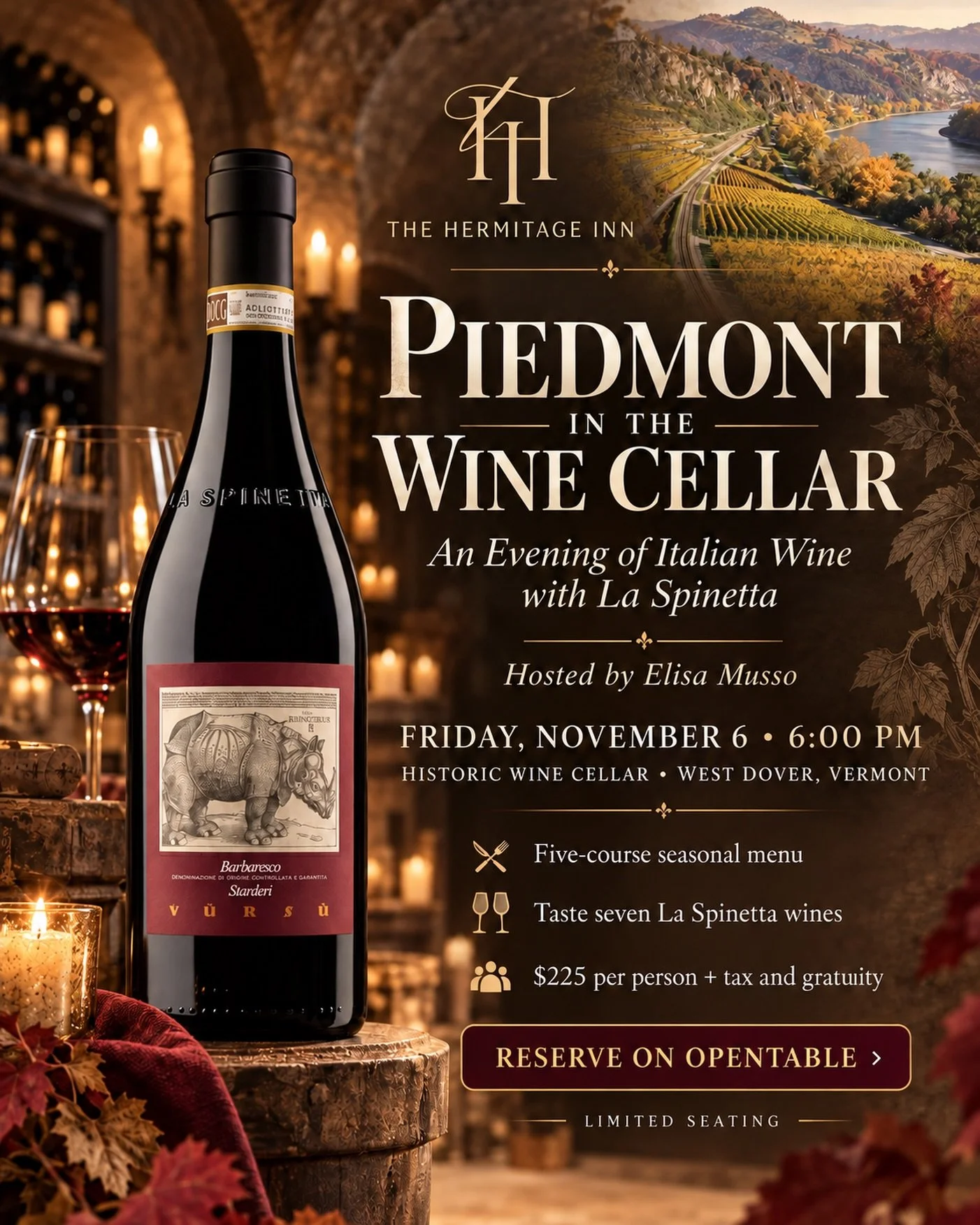 La Spinetta comes to our historic wine cellar Friday November 6th for an evening of Italian wines from Piedmont.
Experience a five course seasonal dinner prepared by Executive Chef Peter Robinson thoughtfully paired with seven La Spinetta wines, from